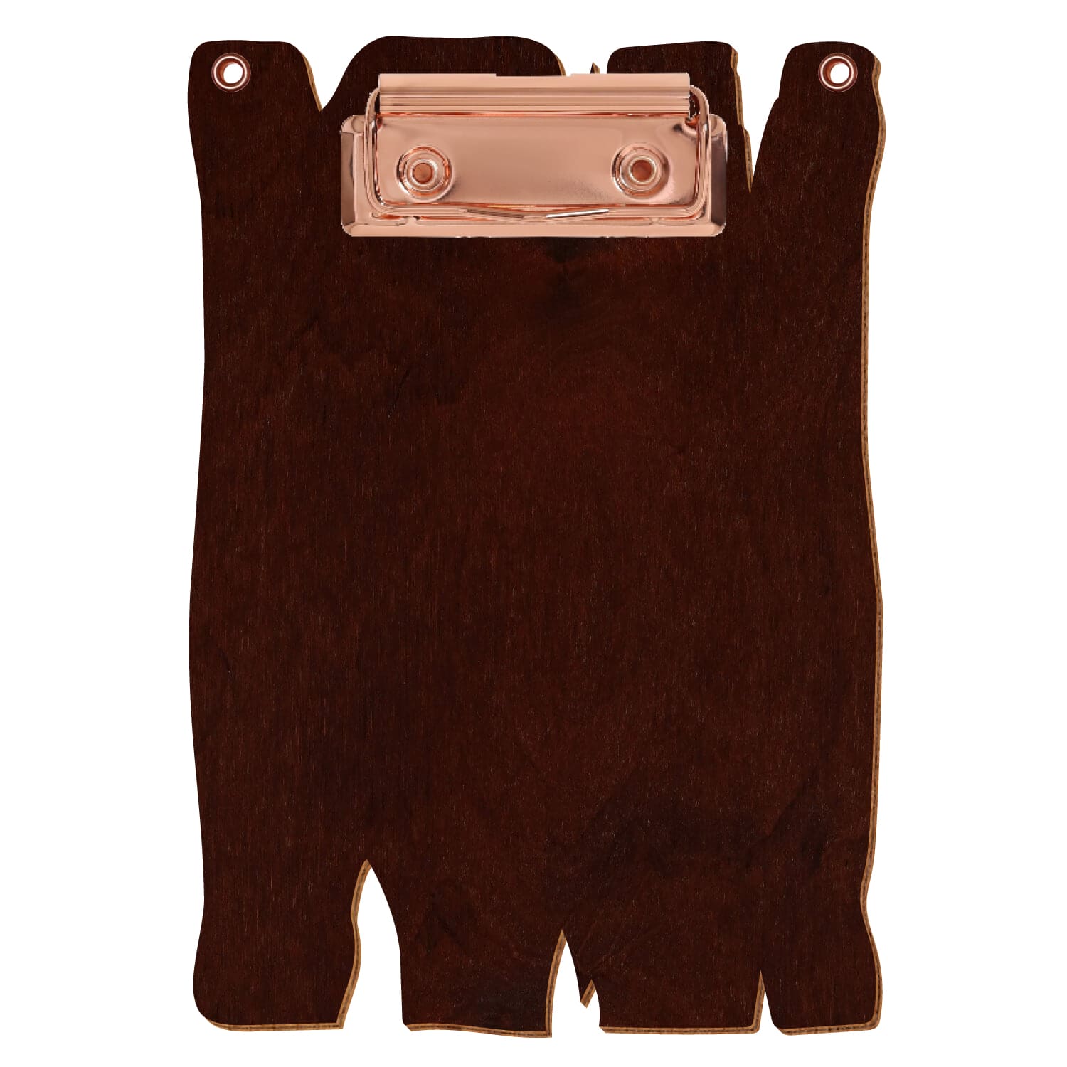 Klemmbrett Holzbrettform mit 2 Ösen Nussbaum dunkel A6 hochkant Bügelklemme roségold