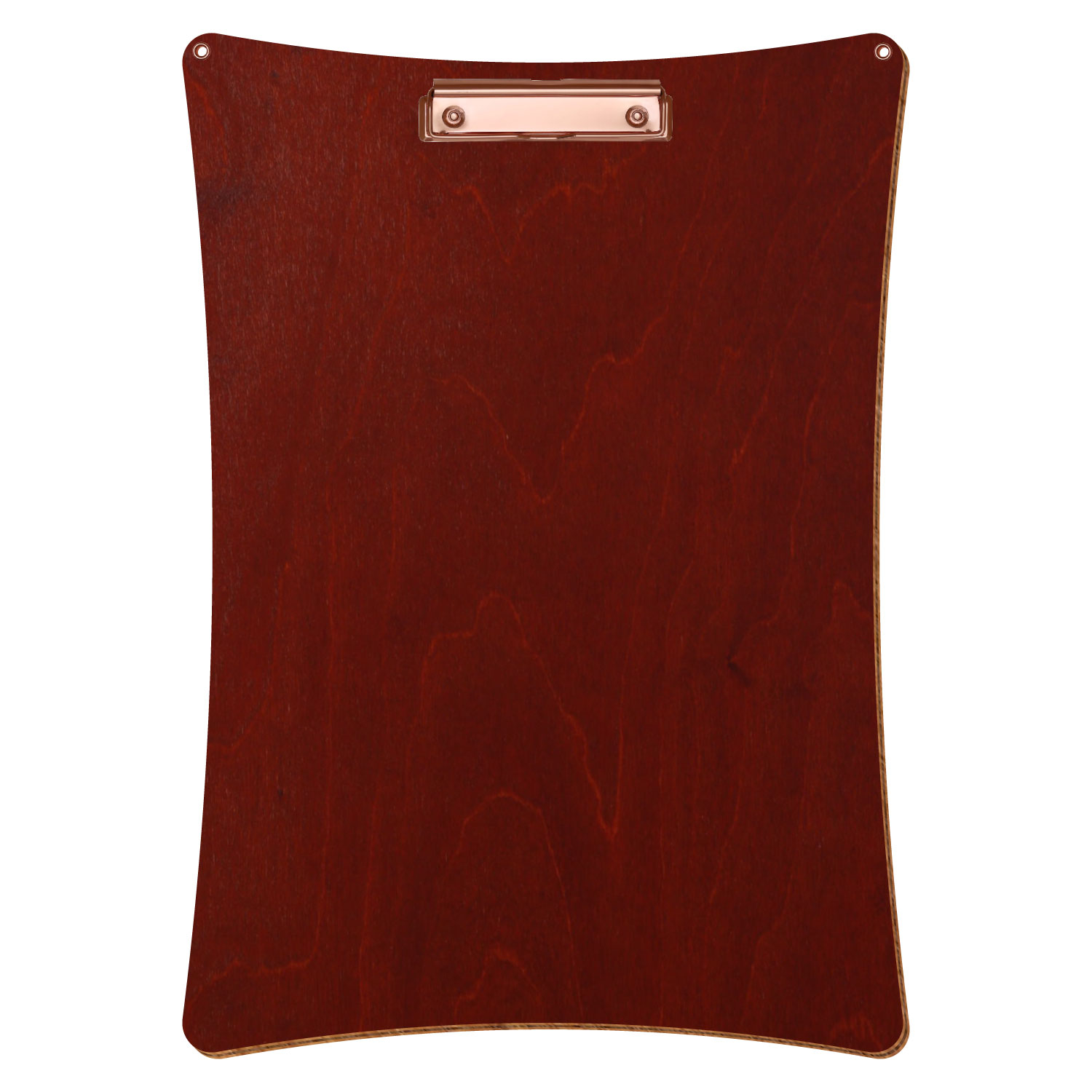 Bütic Holz-Klemmbrett konkav in der Farbe Kirschbaum dunkel mit Aufhängeösen in A3 hochkant mit roségoldener Bügelklemme