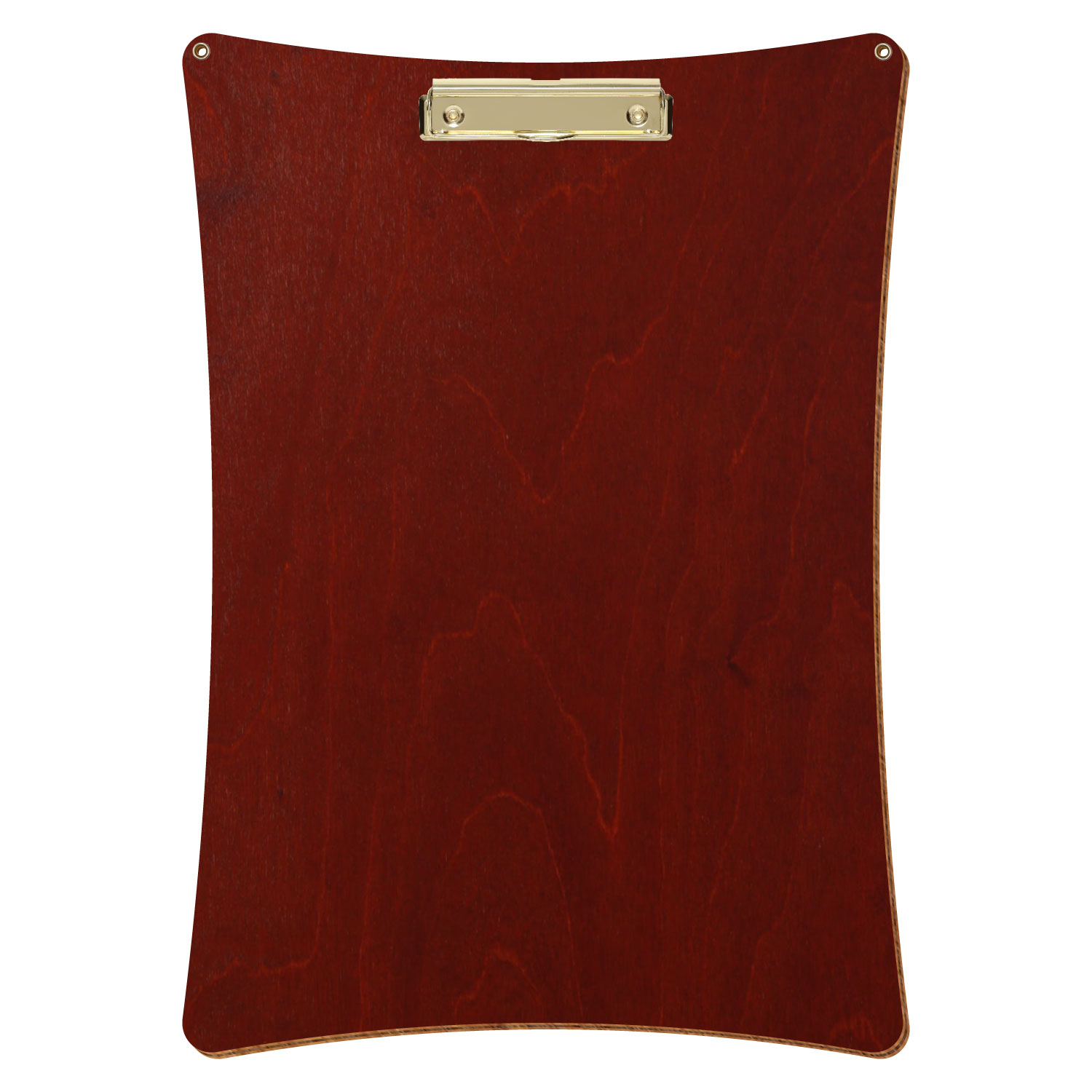 Bütic Holz-Klemmbrett konkav in der Farbe Kirschbaum dunkel mit Aufhängeösen in A3 hochkant mit goldener Bügelklemme