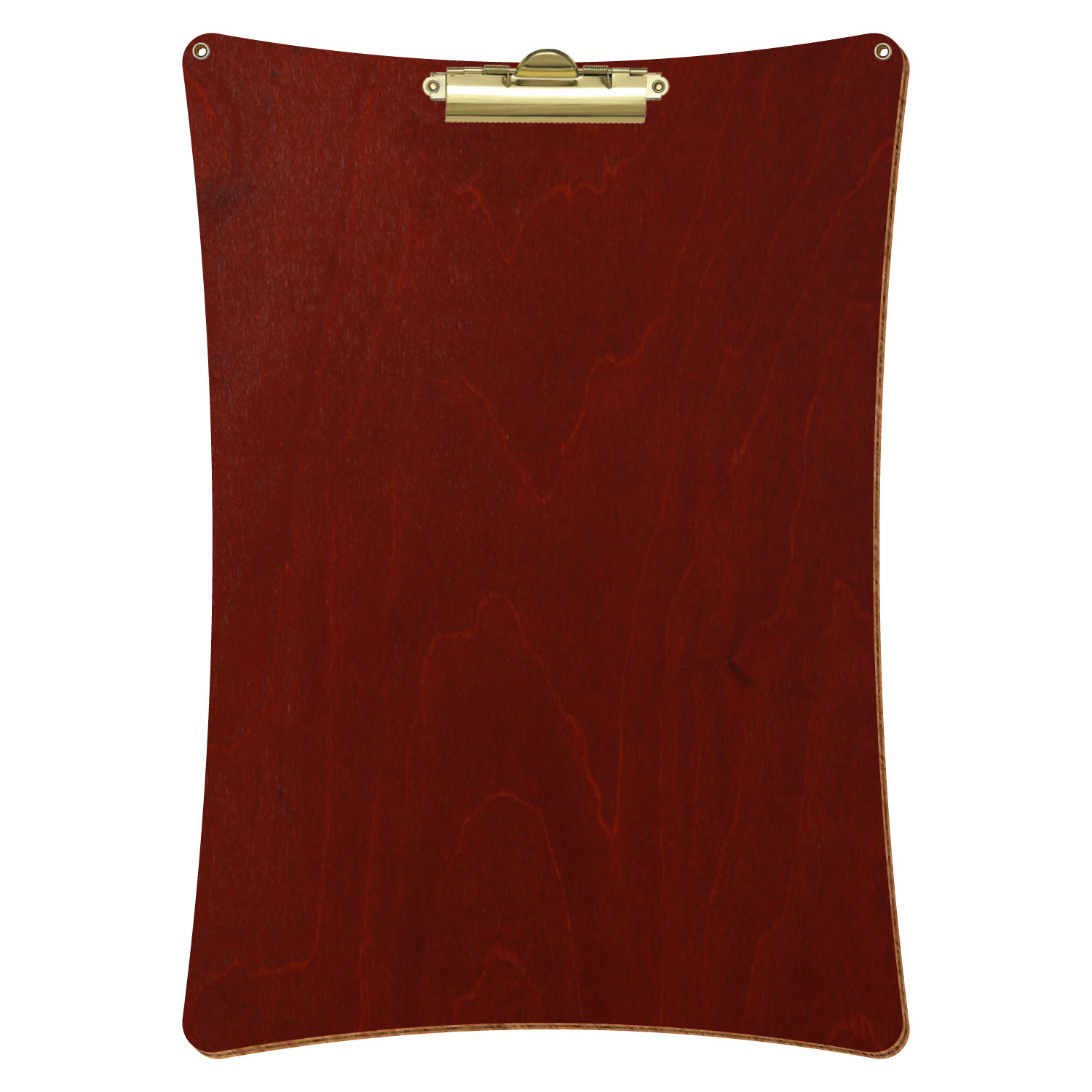 Bütic Holz-Klemmbrett konkav in der Farbe Kirschbaum dunkel mit Aufhängeösen in A3 hochkant mit goldener Zahnklemme