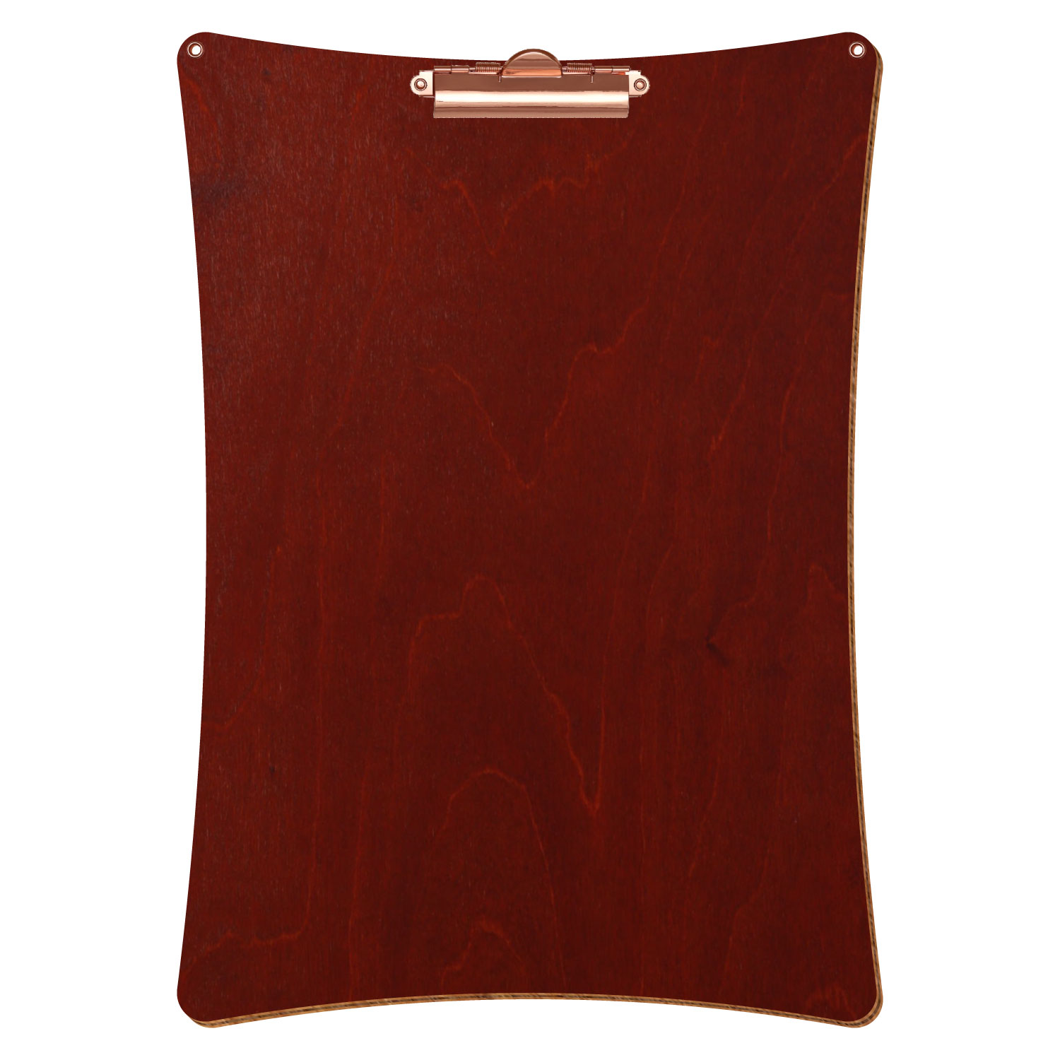 Bütic Holz-Klemmbrett konkav in der Farbe Kirschbaum dunkel mit Aufhängeösen in A3 hochkant mit roségoldener Zahnklemme