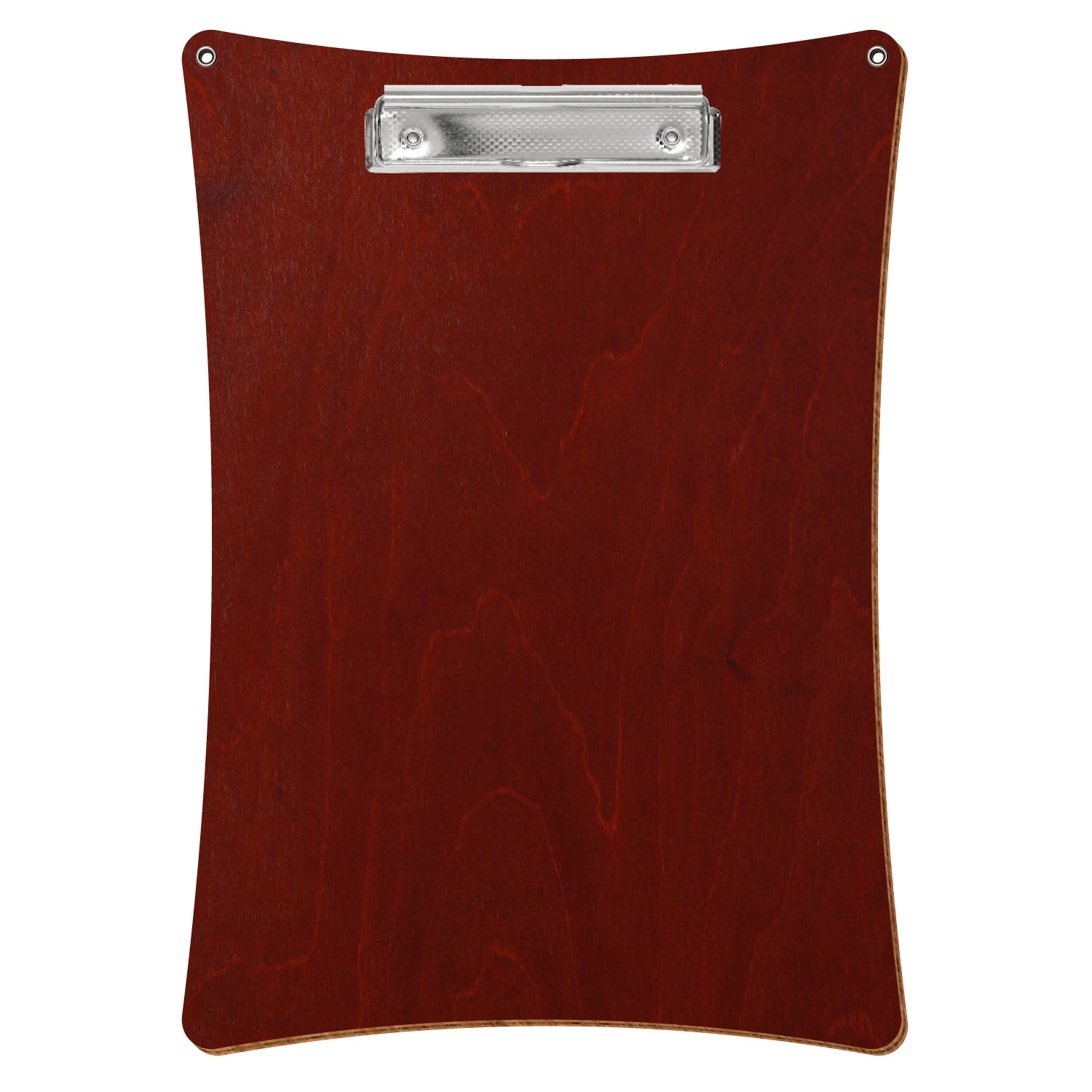 Bütic Holz-Klemmbrett konkav in der Farbe Kirschbaum dunkel mit Aufhängeösen in A4 hochkant mit carbon-silberner Bügelklemme