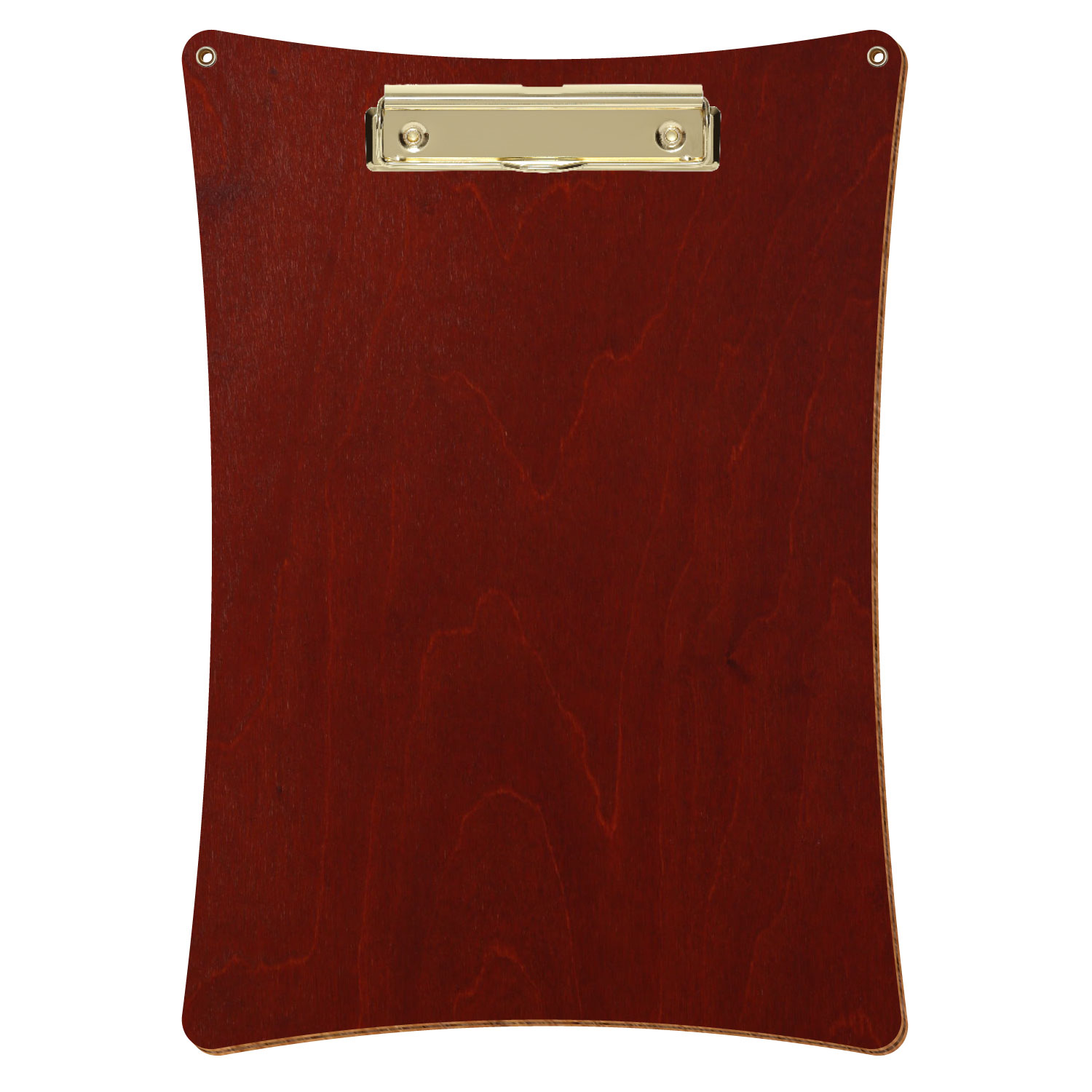 Bütic Holz-Klemmbrett konkav in der Farbe Kirschbaum dunkel mit Aufhängeösen in A4 hochkant mit goldener Bügelklemme