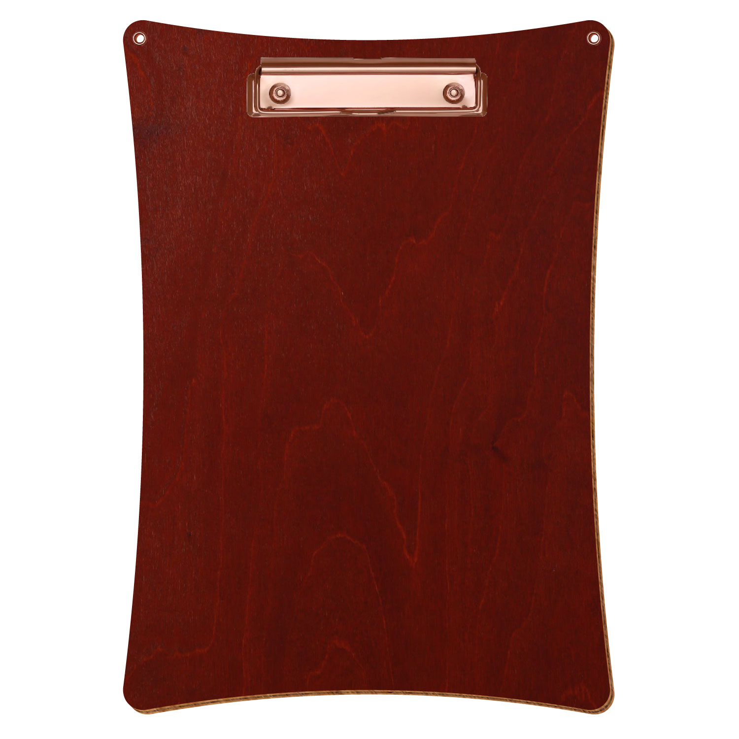Bütic Holz-Klemmbrett konkav in der Farbe Kirschbaum dunkel mit Aufhängeösen in A4 hochkant mit roségoldener Bügelklemme