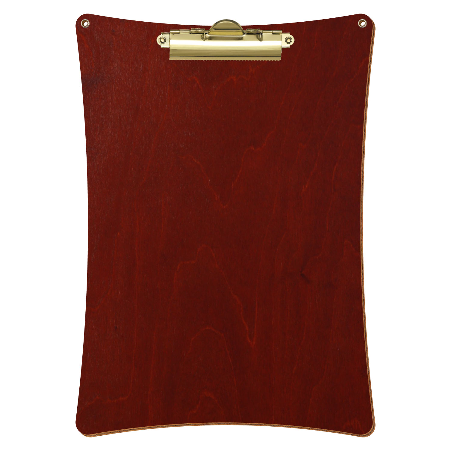 Bütic Holz-Klemmbrett konkav in der Farbe Kirschbaum dunkel mit Aufhängeösen in A4 hochkant mit goldener Zahnklemme