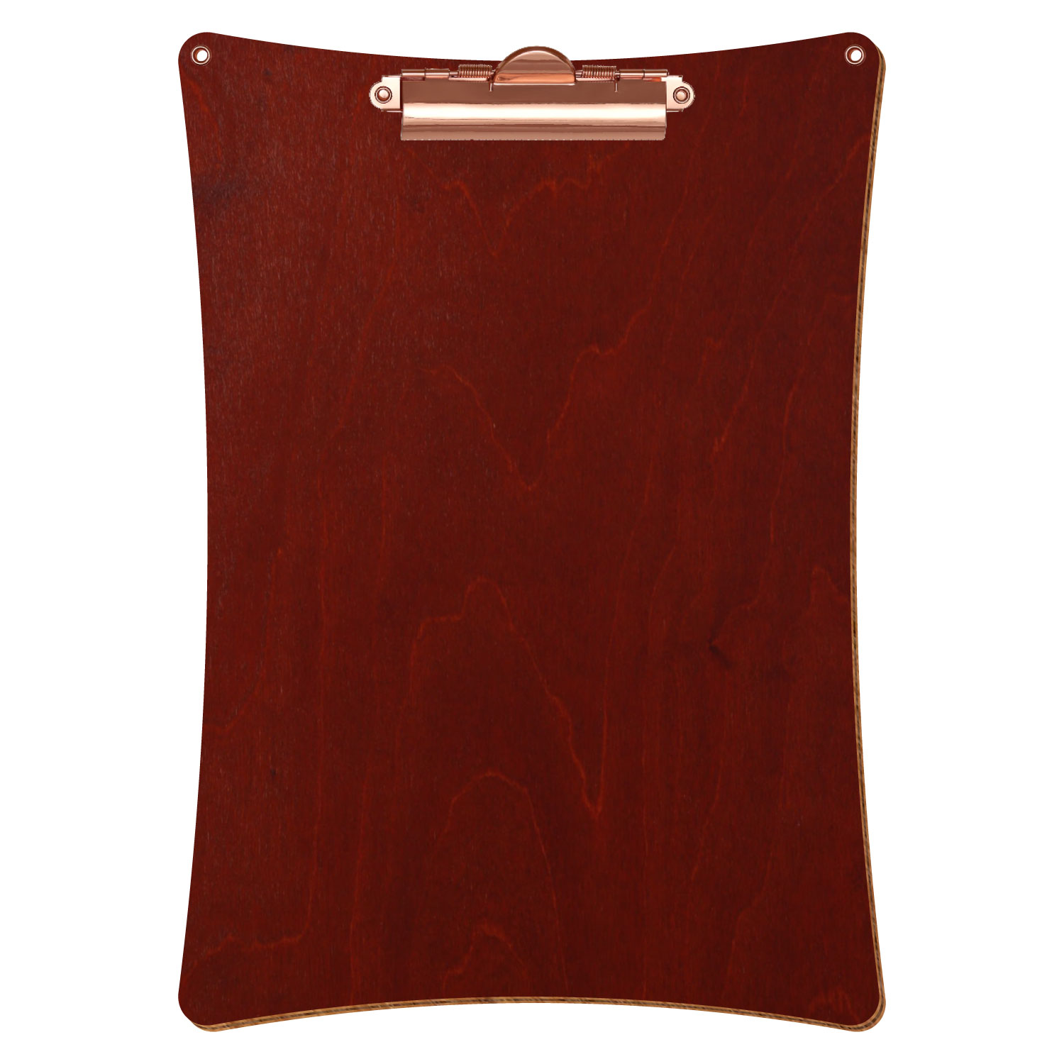 Bütic Holz-Klemmbrett konkav in der Farbe Kirschbaum dunkel mit Aufhängeösen in A4 hochkant mit roségoldener Zahnklemme