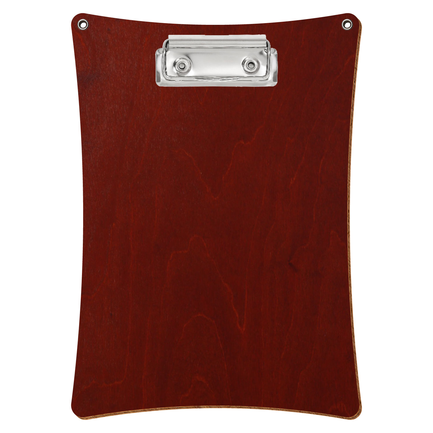 Bütic Holz-Klemmbrett konkav in der Farbe Kirschbaum dunkel mit Aufhängeösen in A5 hochkant mit silberner Bügelklemme