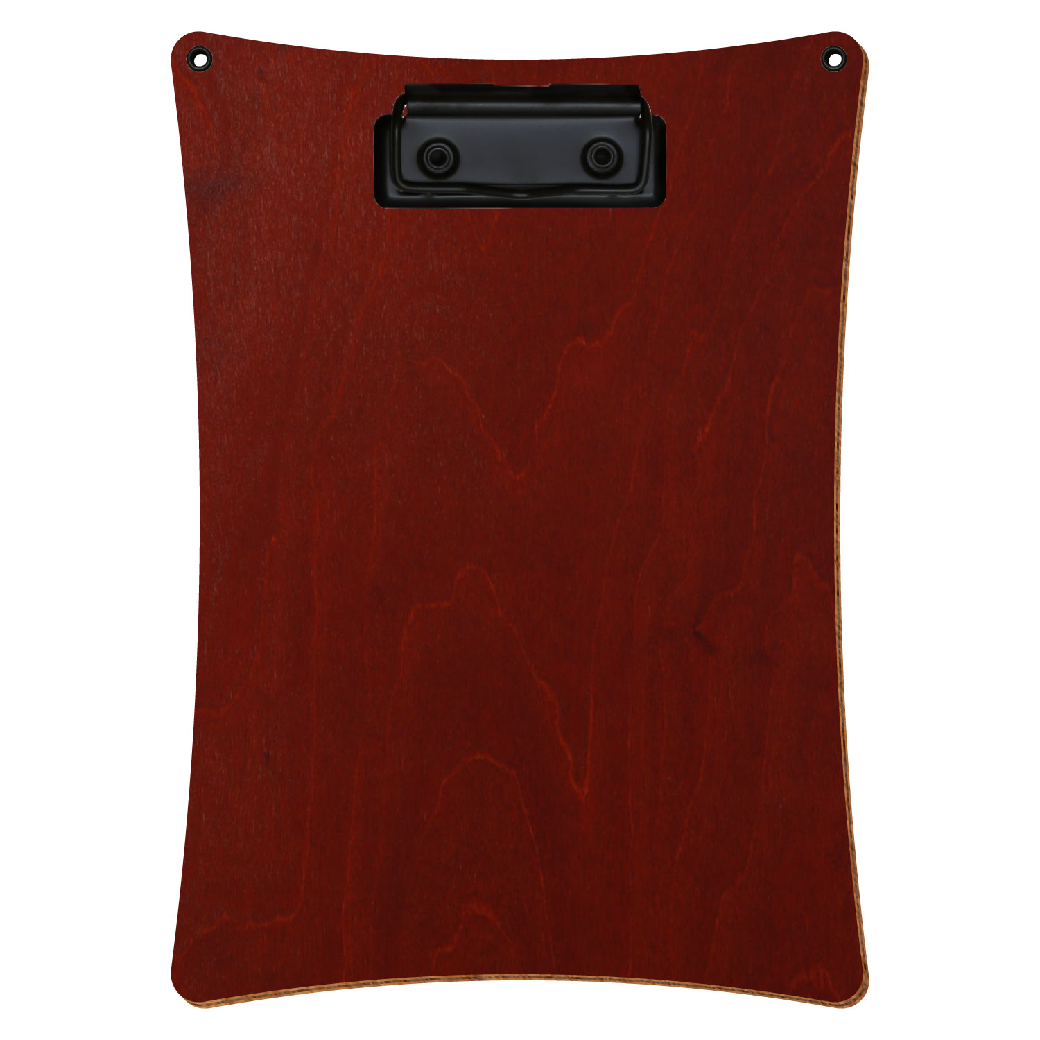 Bütic Holz-Klemmbrett konkav in der Farbe Kirschbaum dunkel mit Aufhängeösen in A5 hochkant mit schwarzer Bügelklemme