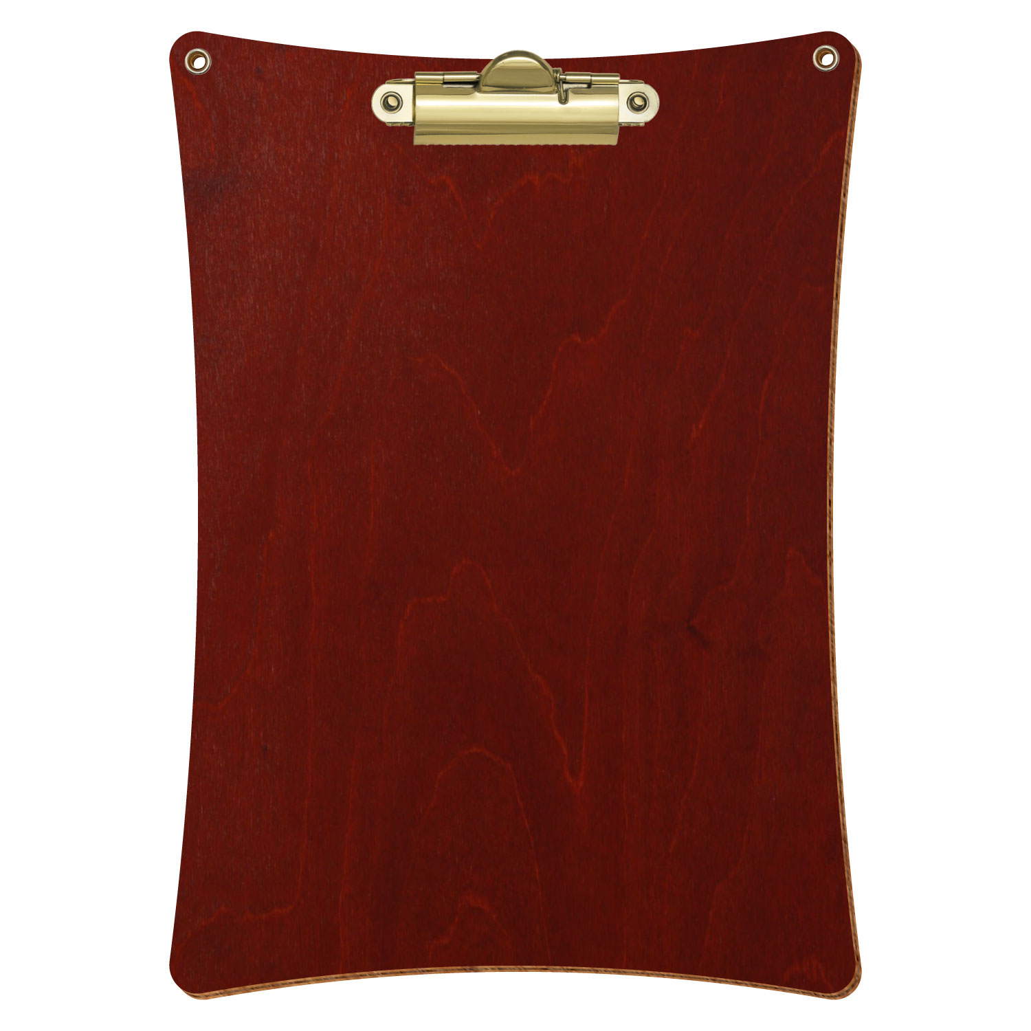 Bütic Holz-Klemmbrett konkav in der Farbe Kirschbaum dunkel mit Aufhängeösen in A5 hochkant mit goldener Zahnklemme