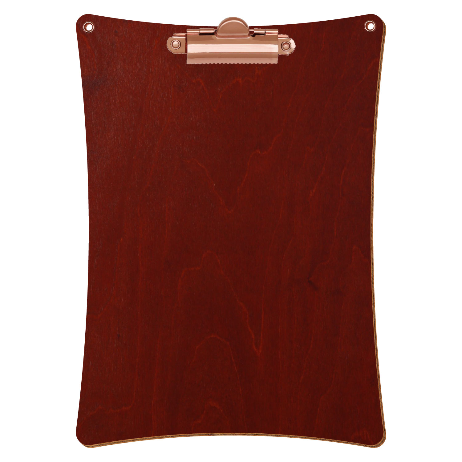 Bütic Holz-Klemmbrett konkav in der Farbe Kirschbaum dunkel mit Aufhängeösen in A5 hochkant mit roségoldener Zahnklemme