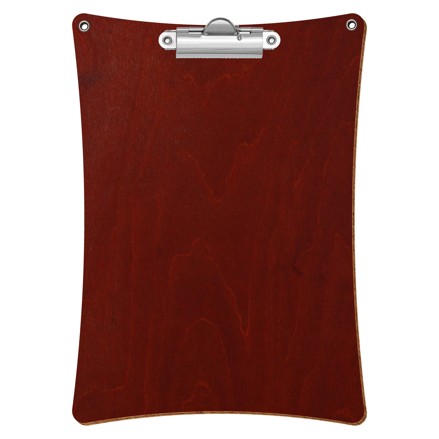 Bütic Holz-Klemmbrett konkav in der Farbe Kirschbaum dunkel mit Aufhängeösen in A5 hochkant mit silberner Zahnklemme