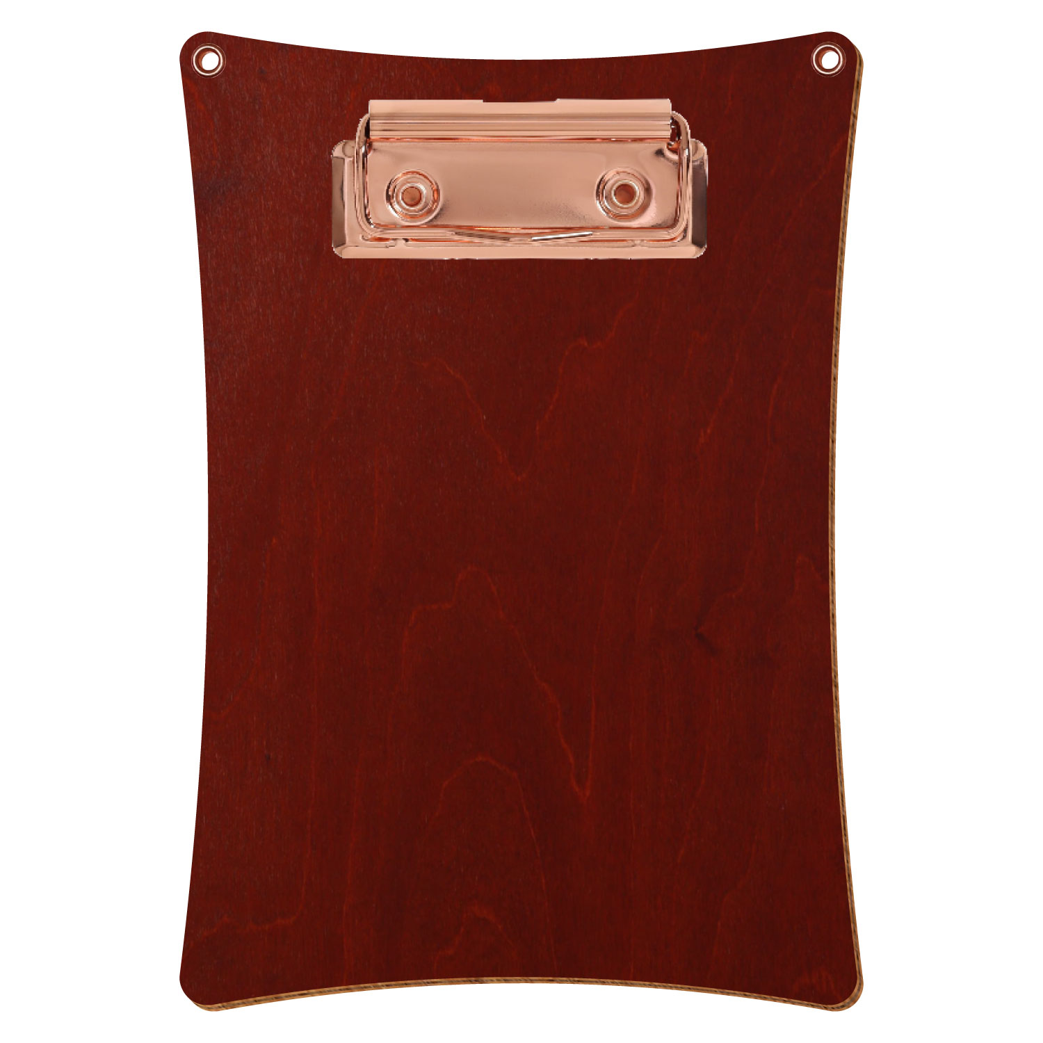Bütic Holz-Klemmbrett konkav in der Farbe Kirschbaum dunkel mit Aufhängeösen in A6 hochkant mit roségoldener Bügelklemme