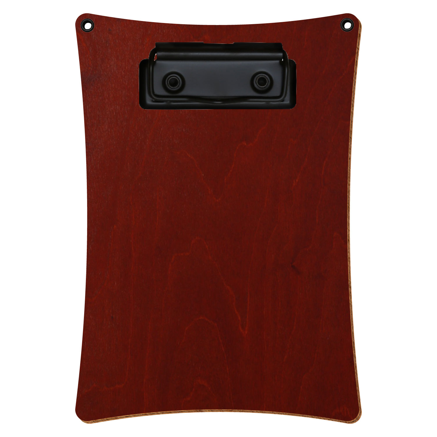Bütic Holz-Klemmbrett konkav in der Farbe Kirschbaum dunkel mit Aufhängeösen in A6 hochkant mit schwarzer Bügelklemme