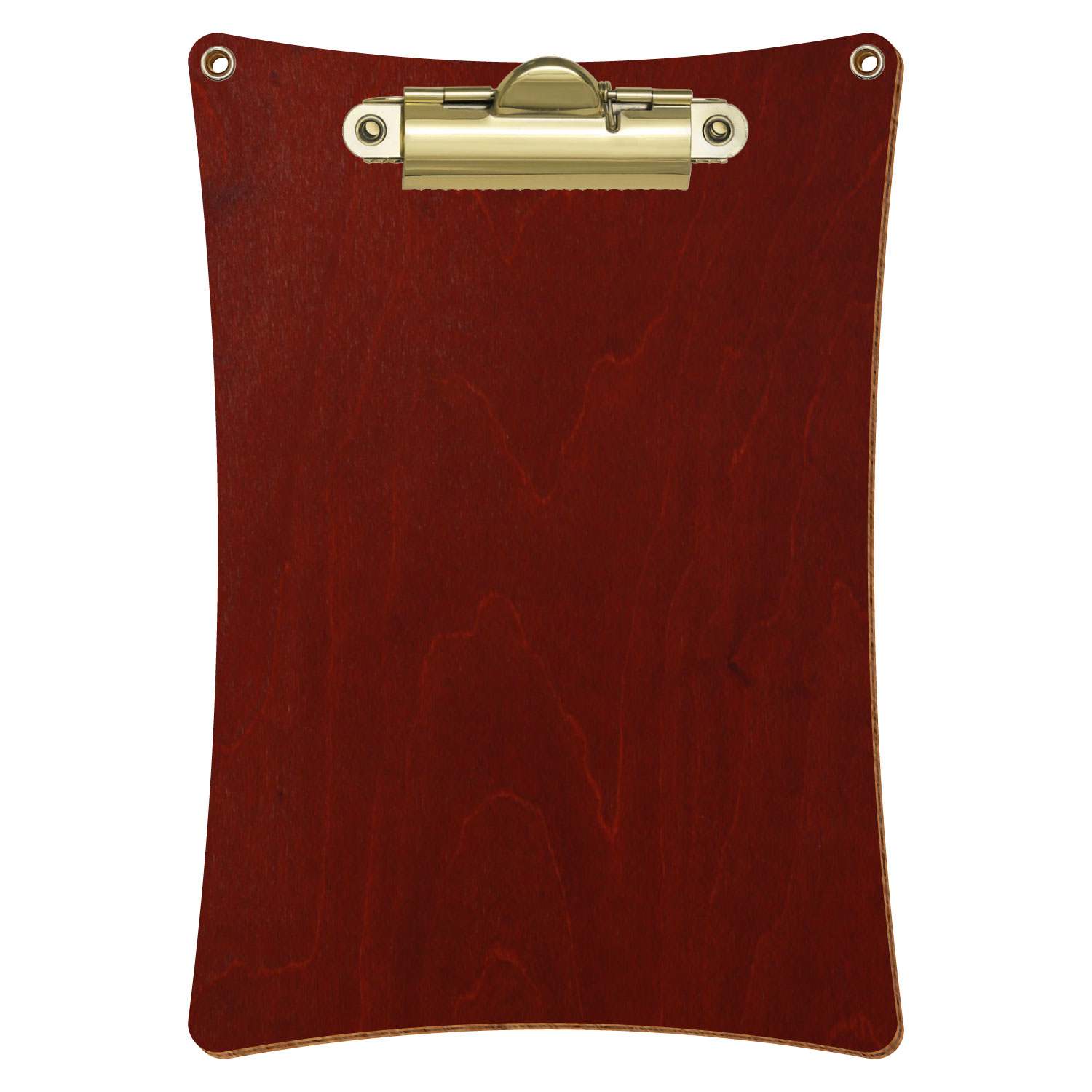 Bütic Holz-Klemmbrett konkav in der Farbe Kirschbaum dunkel mit Aufhängeösen in A6 hochkant mit goldener Zahnklemme