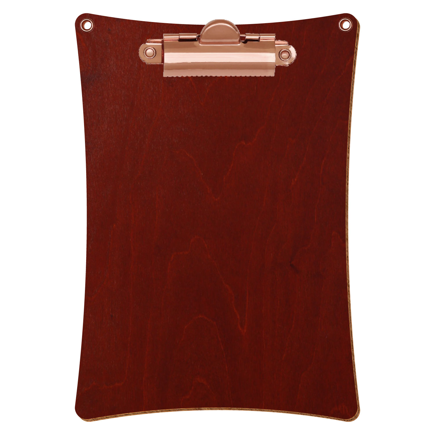 Bütic Holz-Klemmbrett konkav in der Farbe Kirschbaum dunkel mit Aufhängeösen in A6 hochkant mit roségoldener Zahnklemme