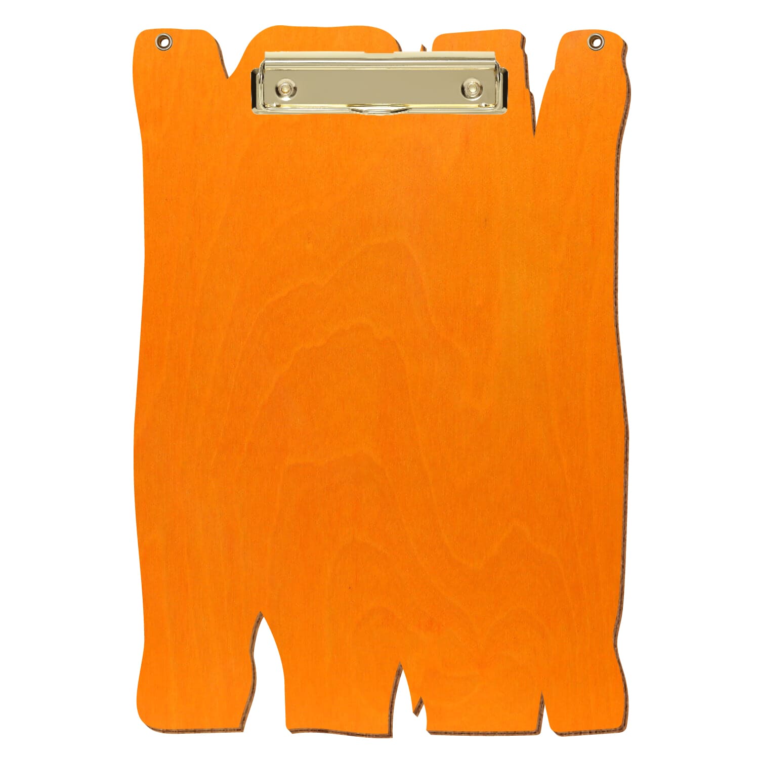 Klemmbrett Holzbrettform mit 2 Ösen Orange A4 hochkant Bügelklemme gold