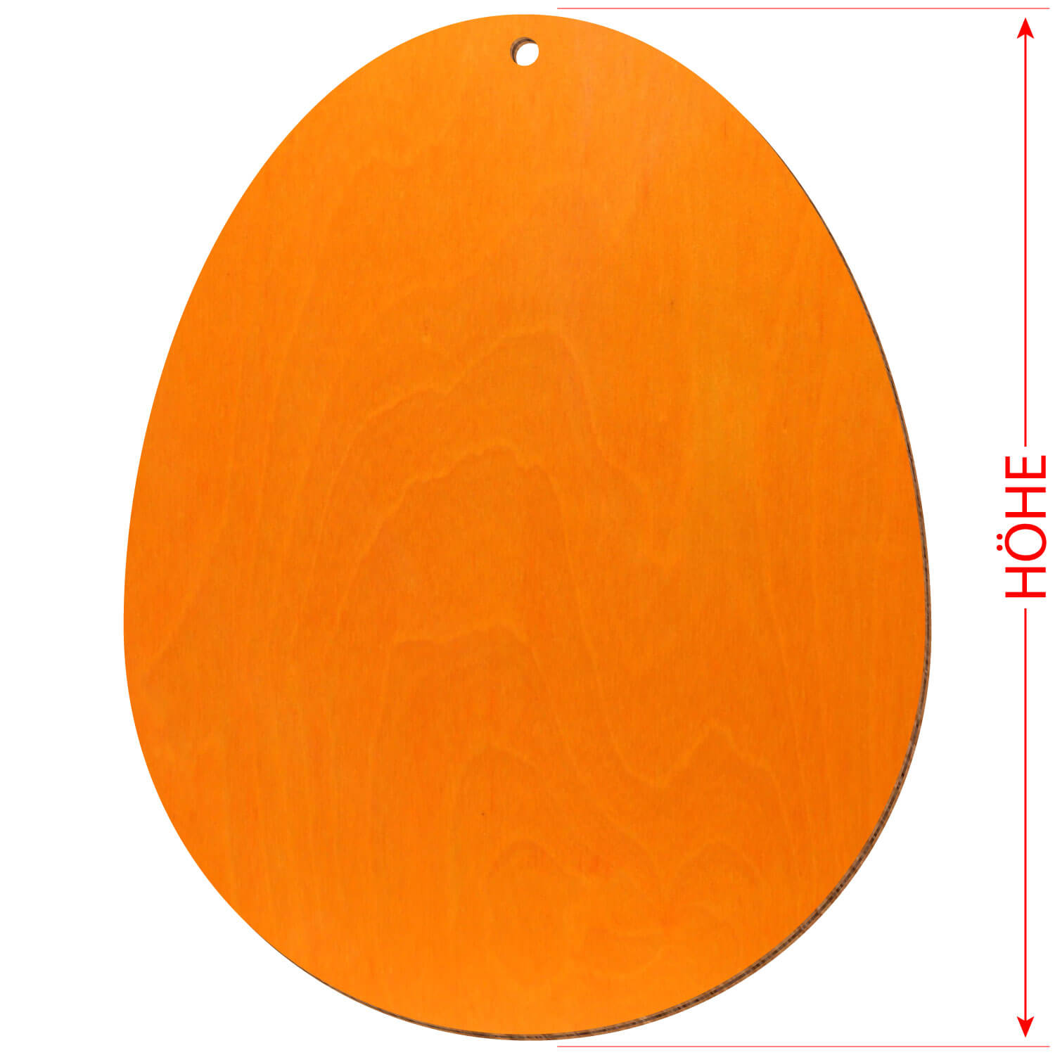 oranges Holzosterei aus Birkensperrholz mit Aufhängeloch inklusive Hinweis auf der Referenzmaß "Höhe"