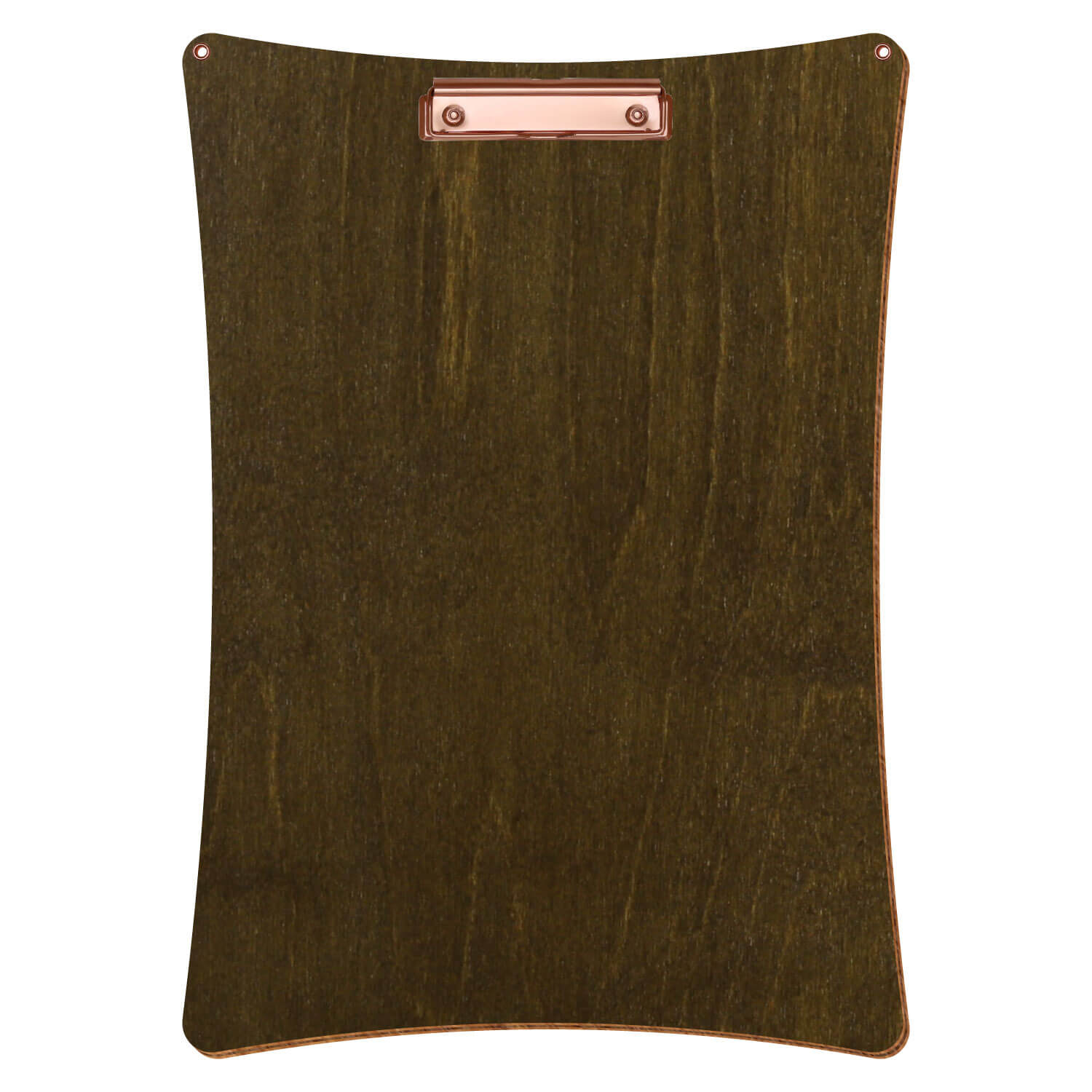 Bütic Holz-Klemmbrett konkav in der Farbe Haselnuss mit Aufhängeösen in A3 hochkant mit roségoldener Bügelklemme
