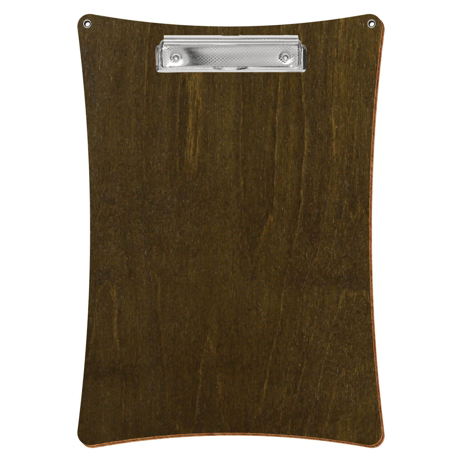 Bütic Holz-Klemmbrett konkav in der Farbe Haselnuss mit Aufhängeösen in A4 hochkant mit carbon-silberner Bügelklemme