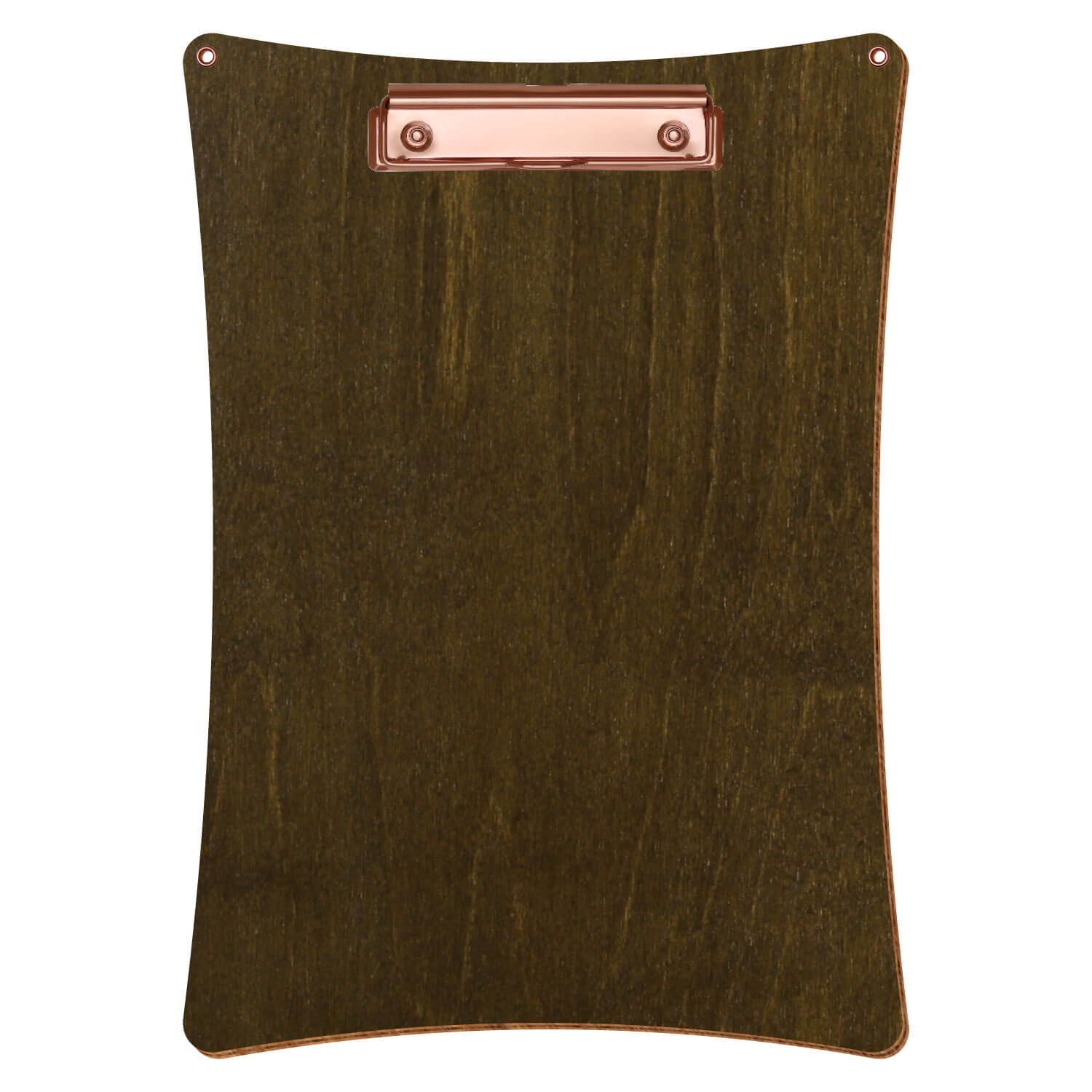 Bütic Holz-Klemmbrett konkav in der Farbe Haselnuss mit Aufhängeösen in A4 hochkant mit roségoldener Bügelklemme