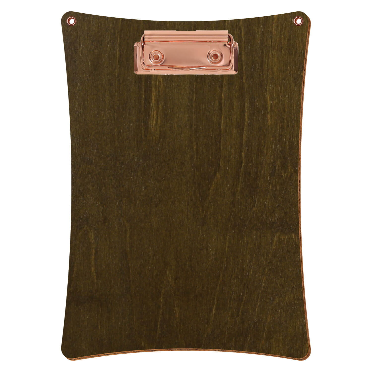 Bütic Holz-Klemmbrett konkav in der Farbe Haselnuss mit Aufhängeösen in A5 hochkant mit roségoldener Bügelklemme