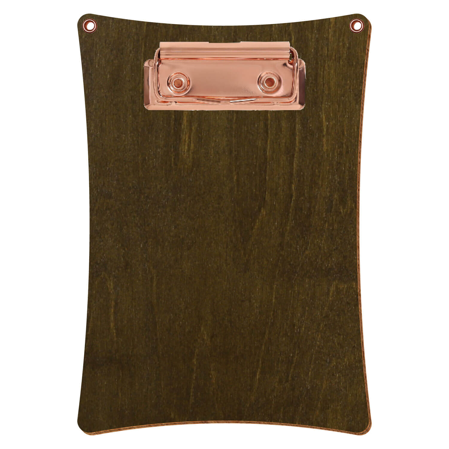 Bütic Holz-Klemmbrett konkav in der Farbe Haselnuss mit Aufhängeösen in A6 hochkant mit roségoldener Bügelklemme