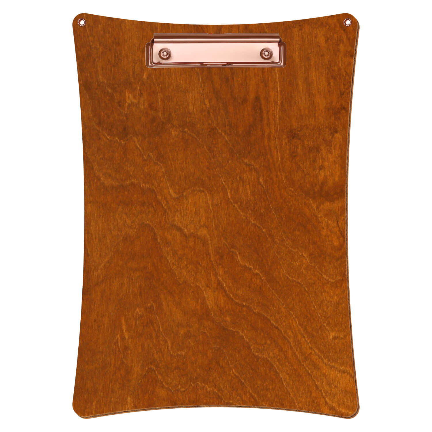 Bütic Holz-Klemmbrett konkav mit Aufhängeösen in der Farbe Rum mit Aufhängeösen in A4 hochkant mit roségoldener Bügelklemme