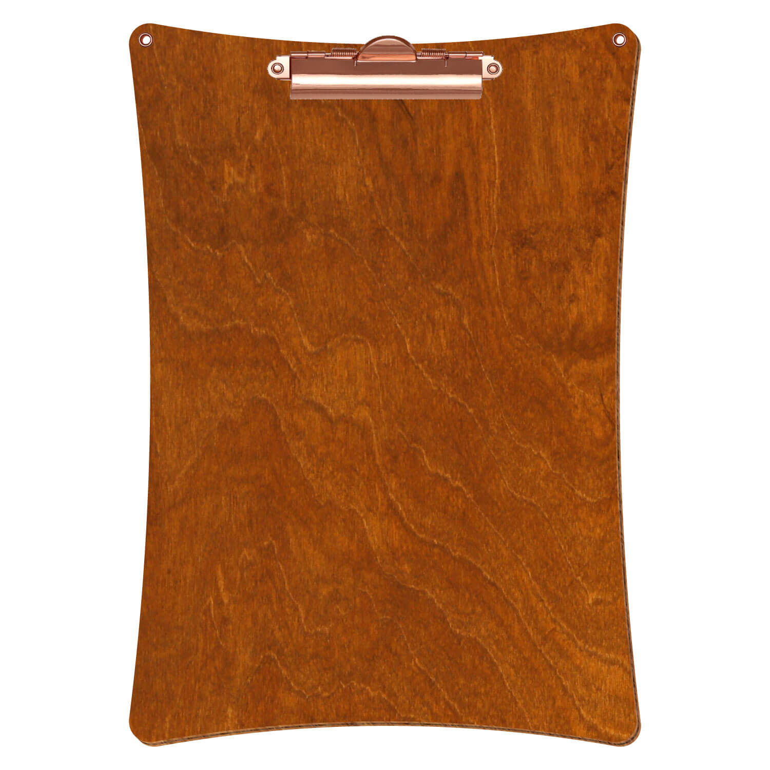 Bütic Holz-Klemmbrett konkav mit Aufhängeösen in der Farbe Rum mit Aufhängeösen in A4 hochkant mit roségoldener Zahnklemme