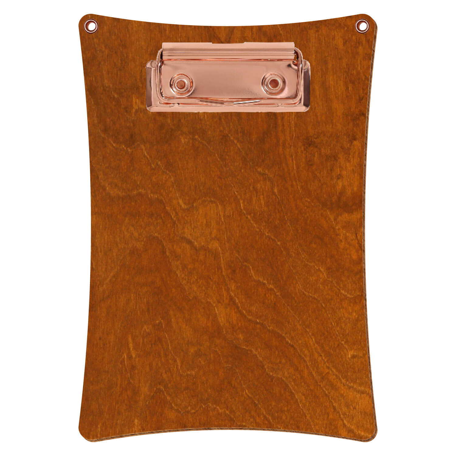 Bütic Holz-Klemmbrett konkav mit Aufhängeösen in der Farbe Rum mit Aufhängeösen in A6 hochkant mit roségoldener Bügelklemme