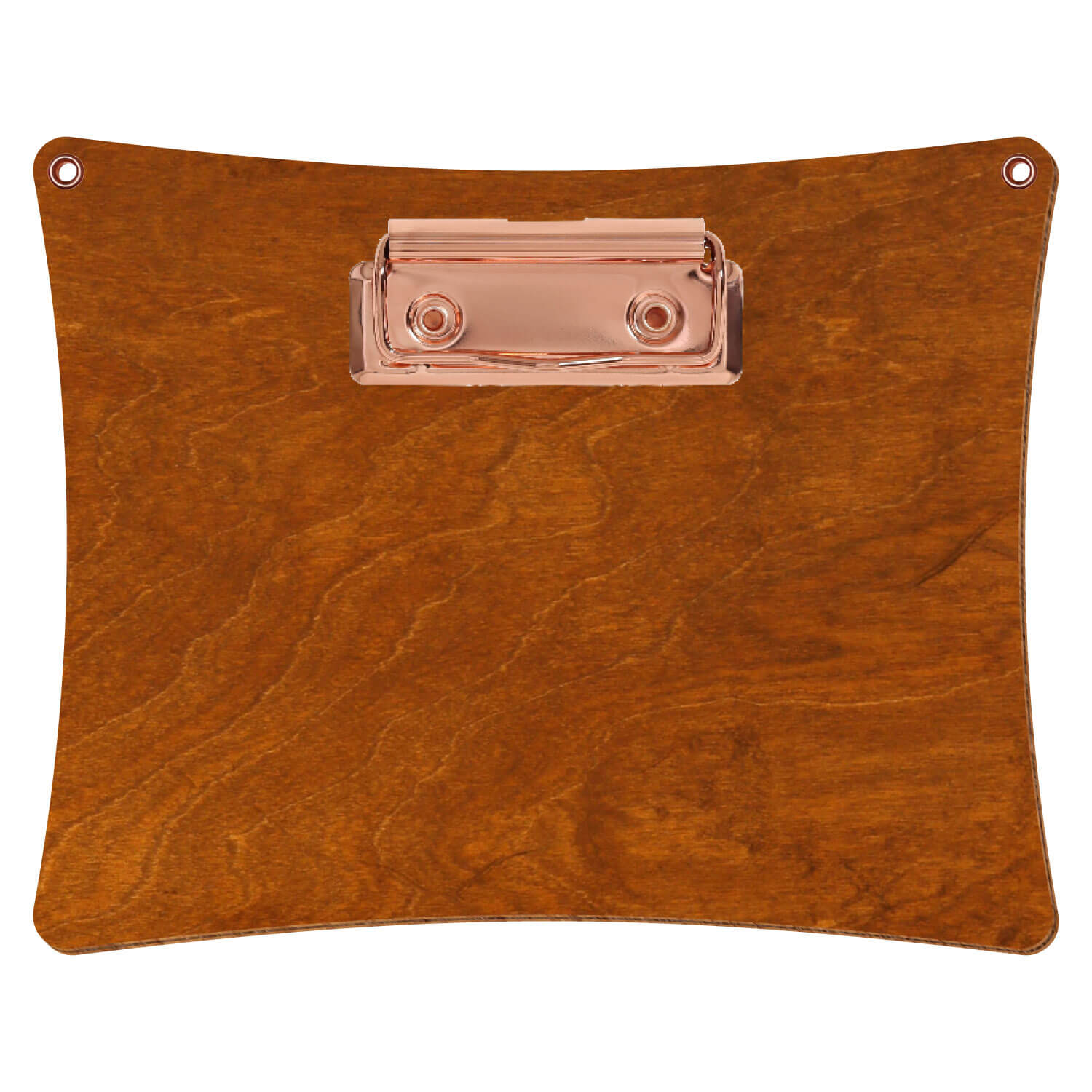 Bütic Holz-Klemmbrett konkav mit Aufhängeösen in der Farbe Rum mit Aufhängeösen in A6 querkant mit roségoldener Bügelklemme