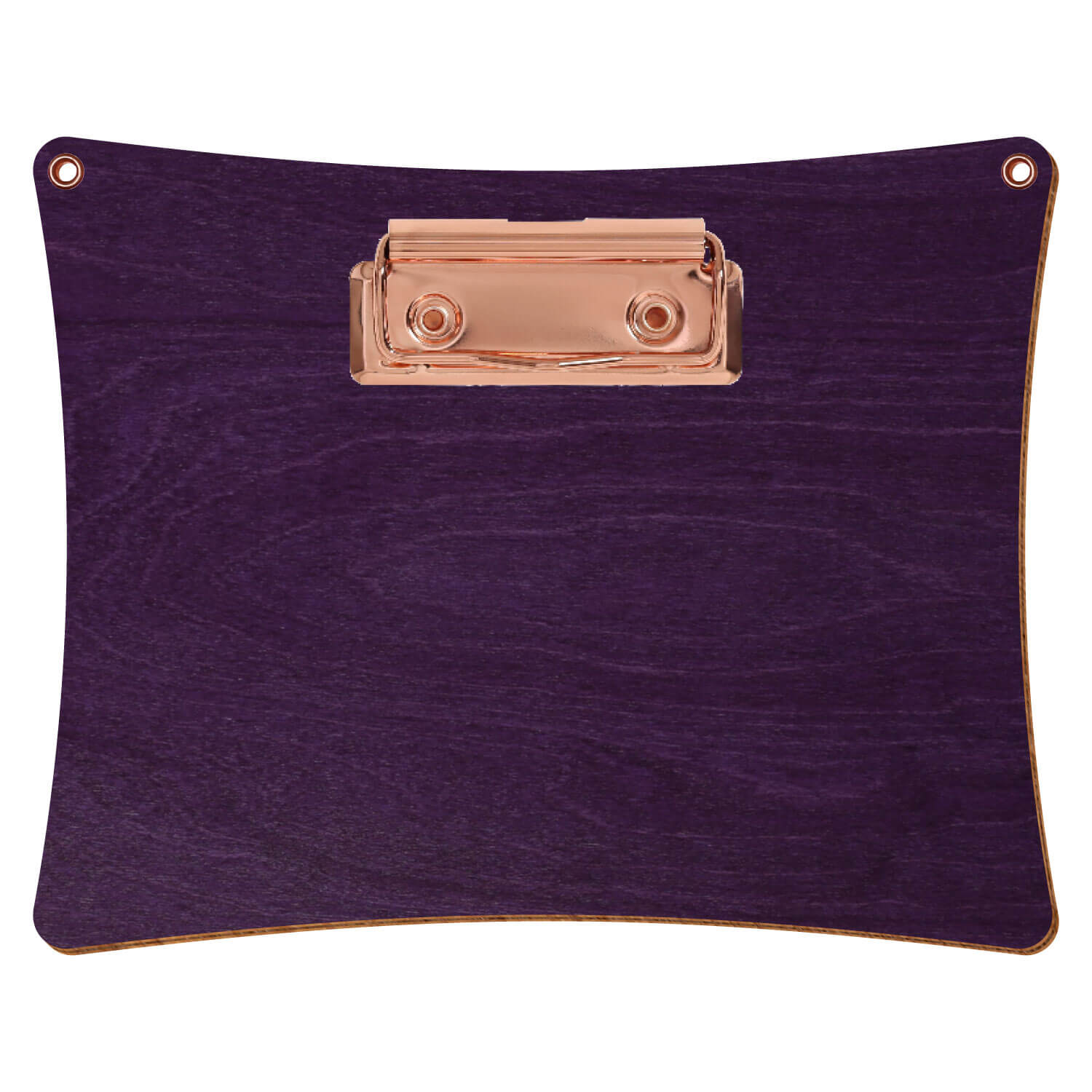 Bütic Holz-Klemmbrett konkav mit Aufhängeösen in der Farbe Lila mit Aufhängeösen in A6 querkant mit roségoldener Bügelklemme