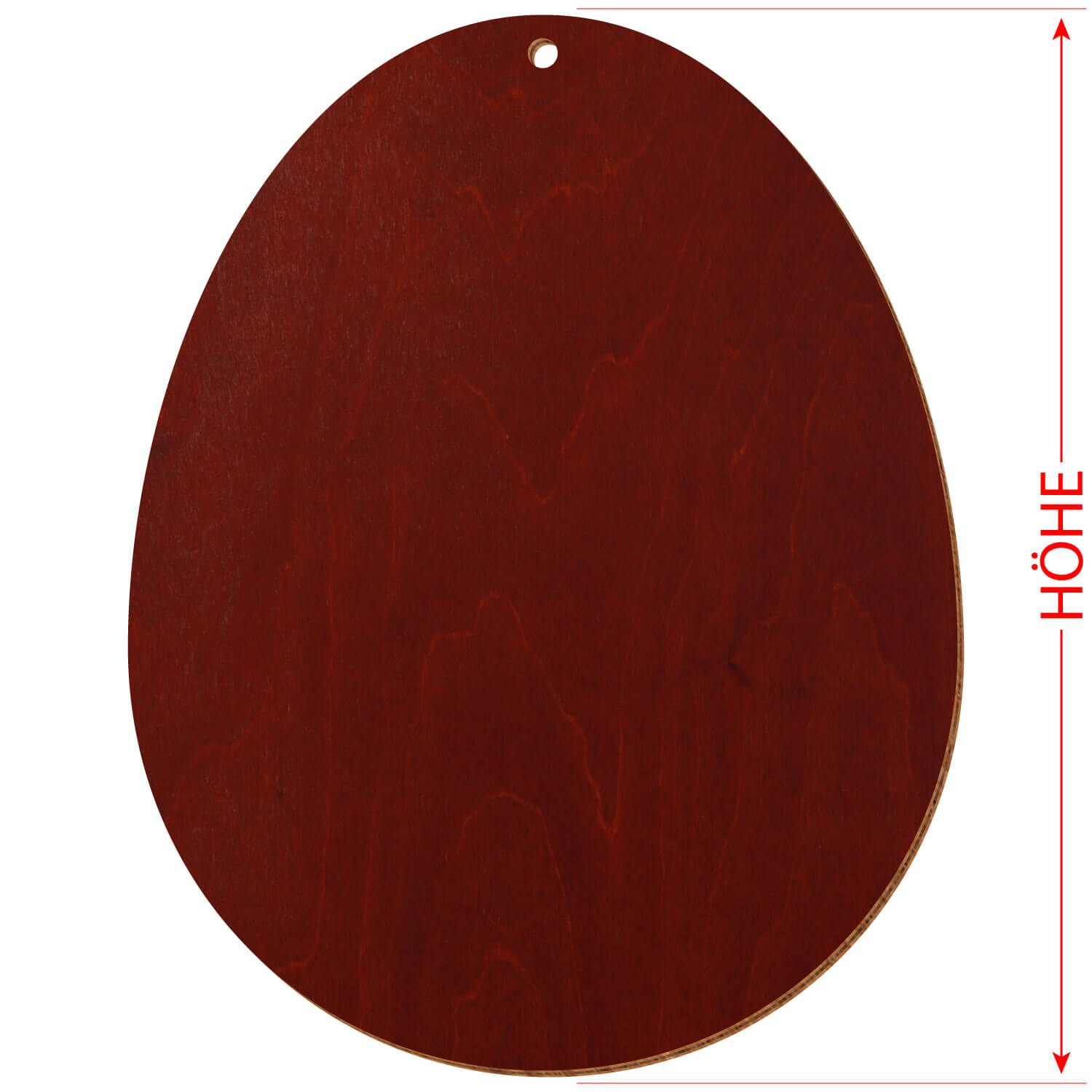 Holzosterei in der Farbe "Kirschbaum dunkel" aus Birkensperrholz mit Aufhängeloch mit Hinweis auf das Referenzmaß "Höhe"