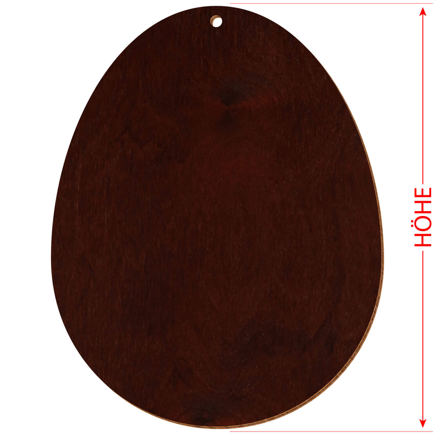 Holzosterei in der Farbe "Nussbaum dunkel" aus Birkensperrholz mit Aufhängeloch mit Hinweis auf das Referenzmaß "Höhe"