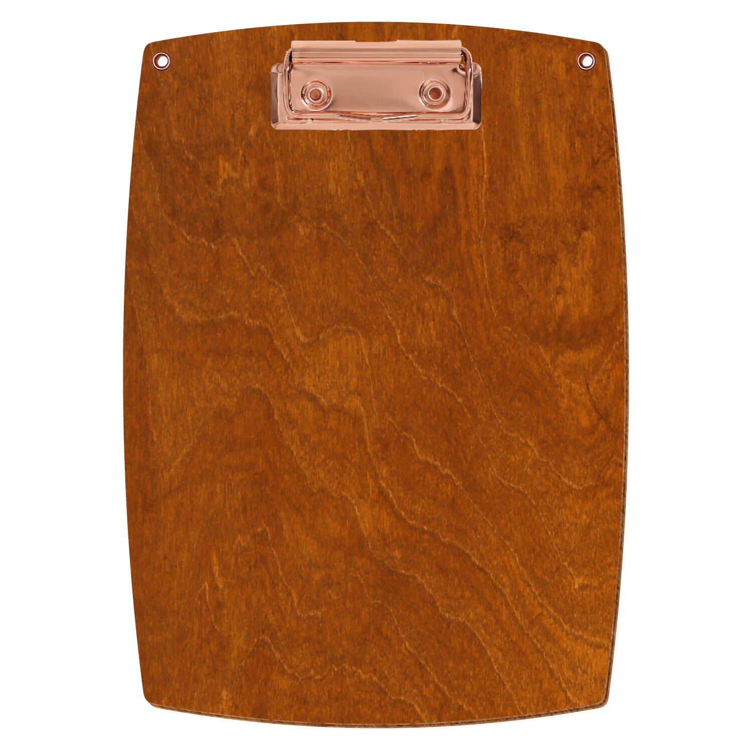 Bütic Holz-Klemmbrett konvex in der Farbe Rum mit Aufhängeösen in A5 hochkant mit roségoldener Bügelklemme