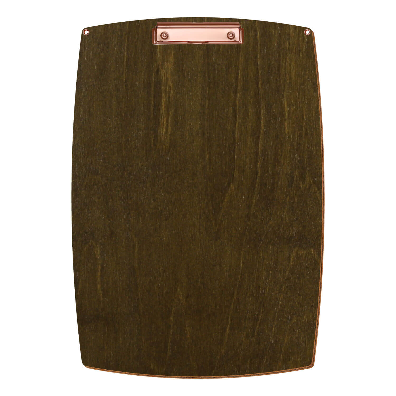 Bütic Holz-Klemmbrett konvex in der Farbe Haselnuss mit Aufhängeösen in A3 hochkant mit roségoldener Bügelklemme