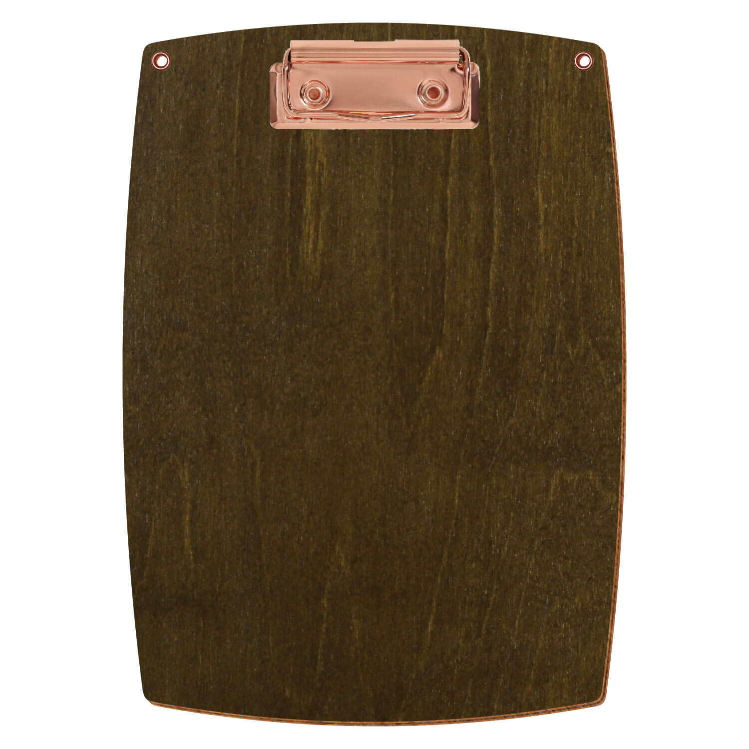 Bütic Holz-Klemmbrett konvex in der Farbe Haselnuss mit Aufhängeösen in A5 hochkant mit roségoldener Bügelklemme