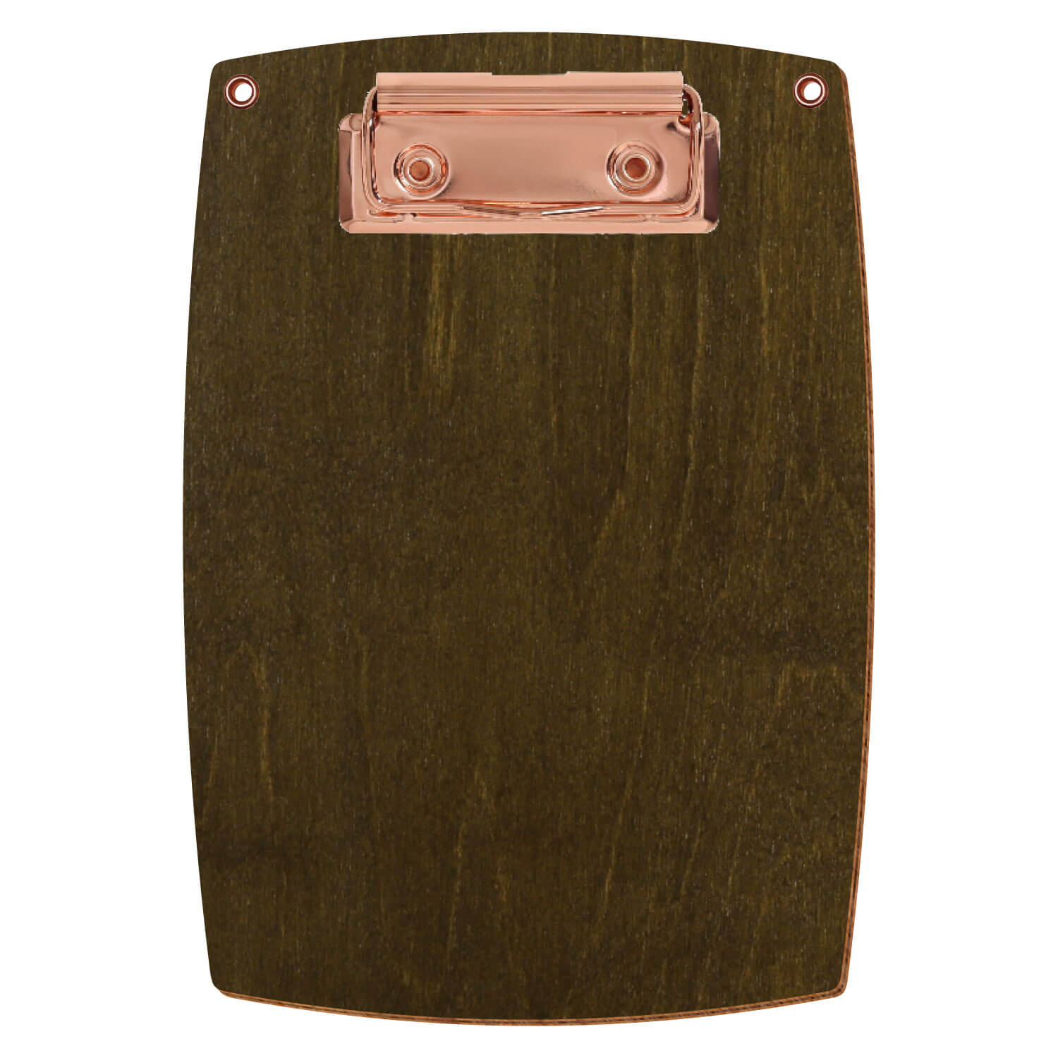 Bütic Holz-Klemmbrett konvex in der Farbe Haselnuss mit Aufhängeösen in A6 hochkant mit roségoldener Bügelklemme