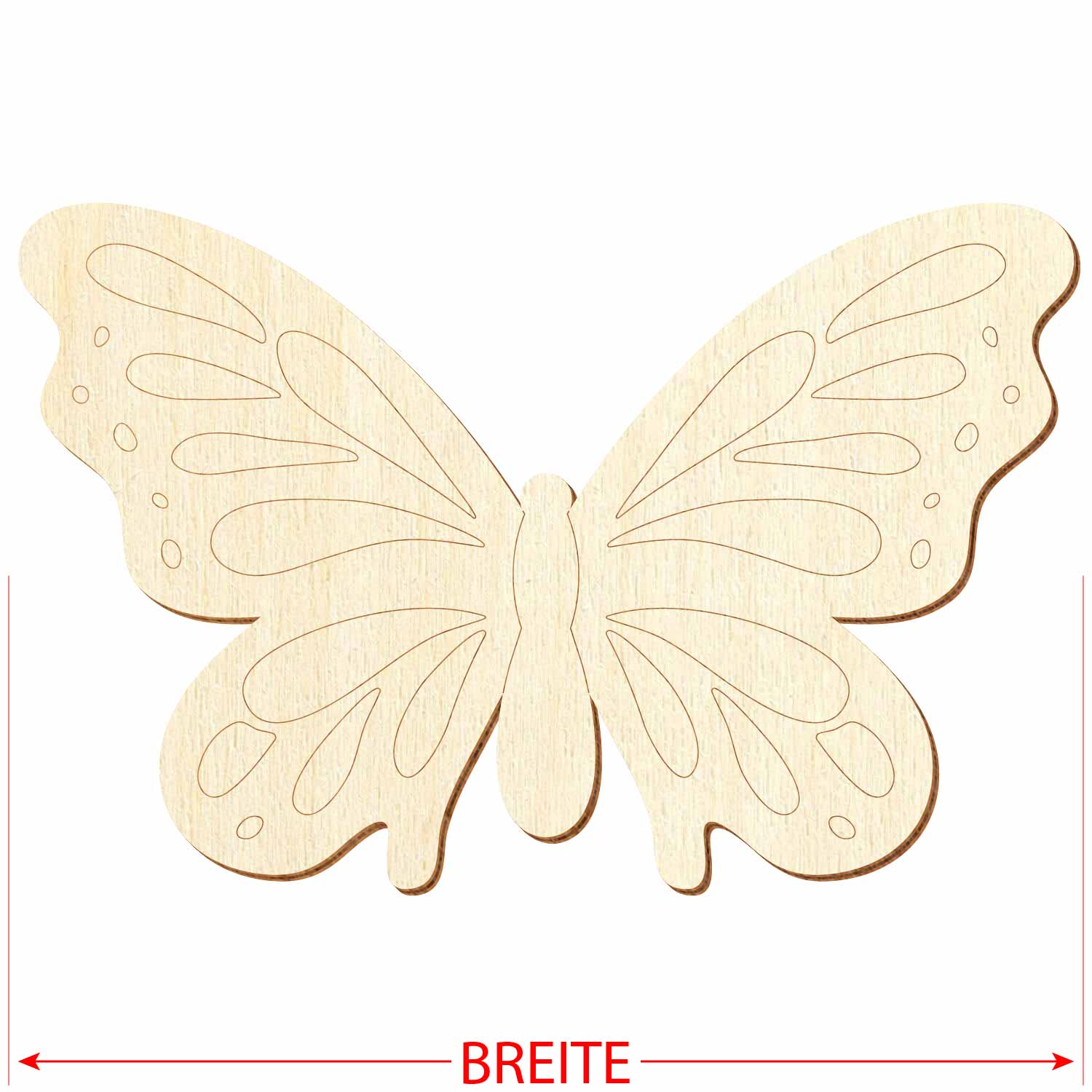 Schmetterling mit Konturanschnitt aus Sperrholz mit Hinweis auf das Referenzmaß "Breite"