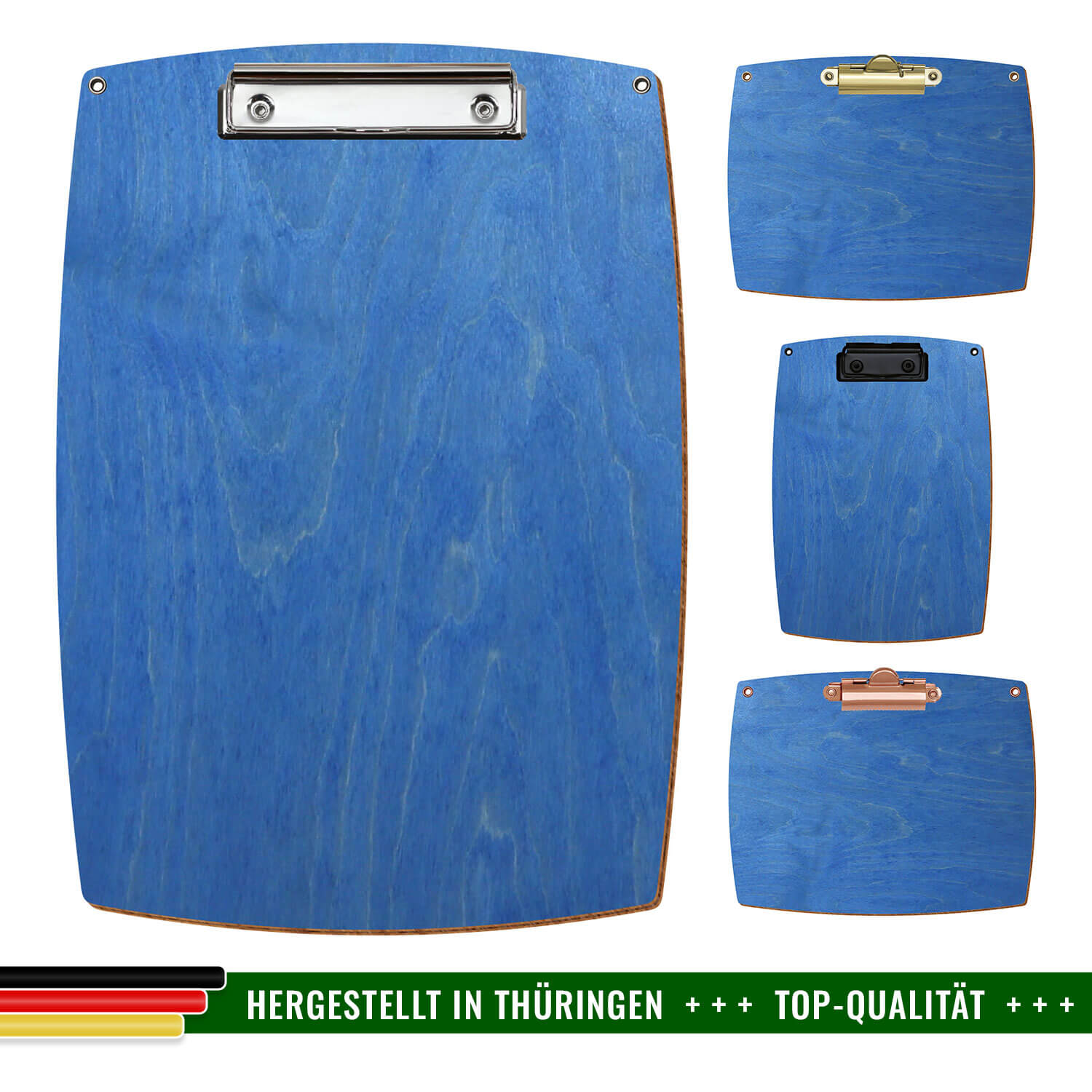 Bütic Holz-Klemmbrett konvex Kornblumenblau mit Aufhängeösen in 4 verschiedenen Ausführungen mit Hinweis Hergestellt in Thüringen
