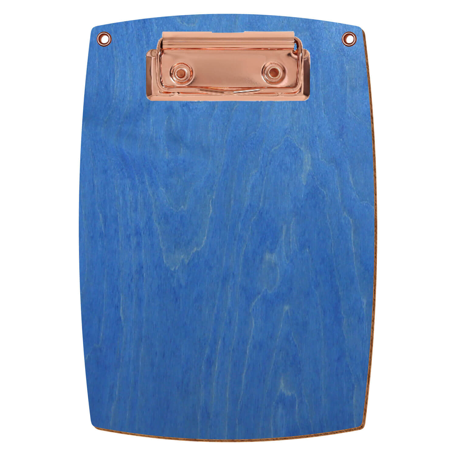 Bütic Holz-Klemmbrett konvex Kornblumenblau mit Aufhängeösen in A6 hochkant mit roségoldener Bügelklemme