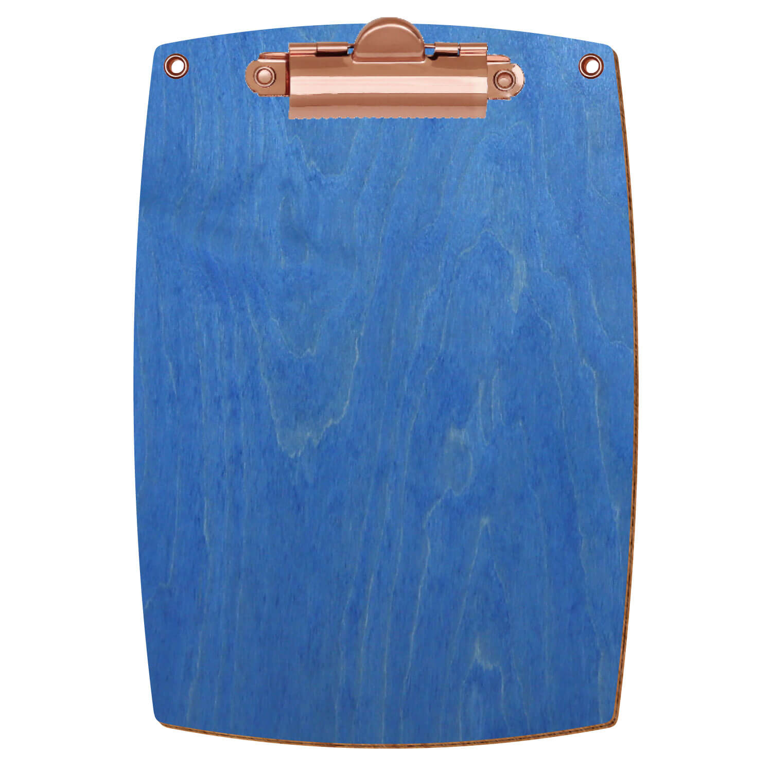 Bütic Holz-Klemmbrett konvex Kornblumenblau mit Aufhängeösen in A6 hochkant mit roségoldener Zahnklemme