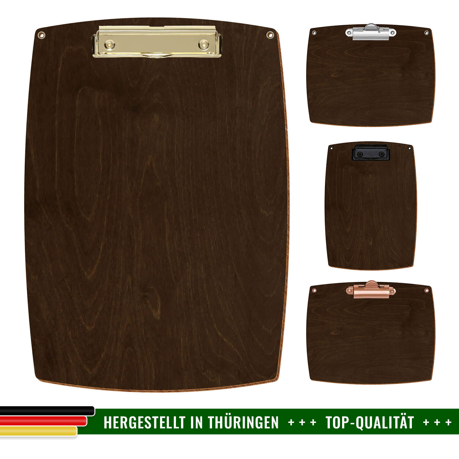 Bütic Holz-Klemmbrett konvex in der Farbe Walnuss mit Aufhängeösen in 4 verschiedenen Ausführungen mit Hinweis Hergestellt in Thüringen