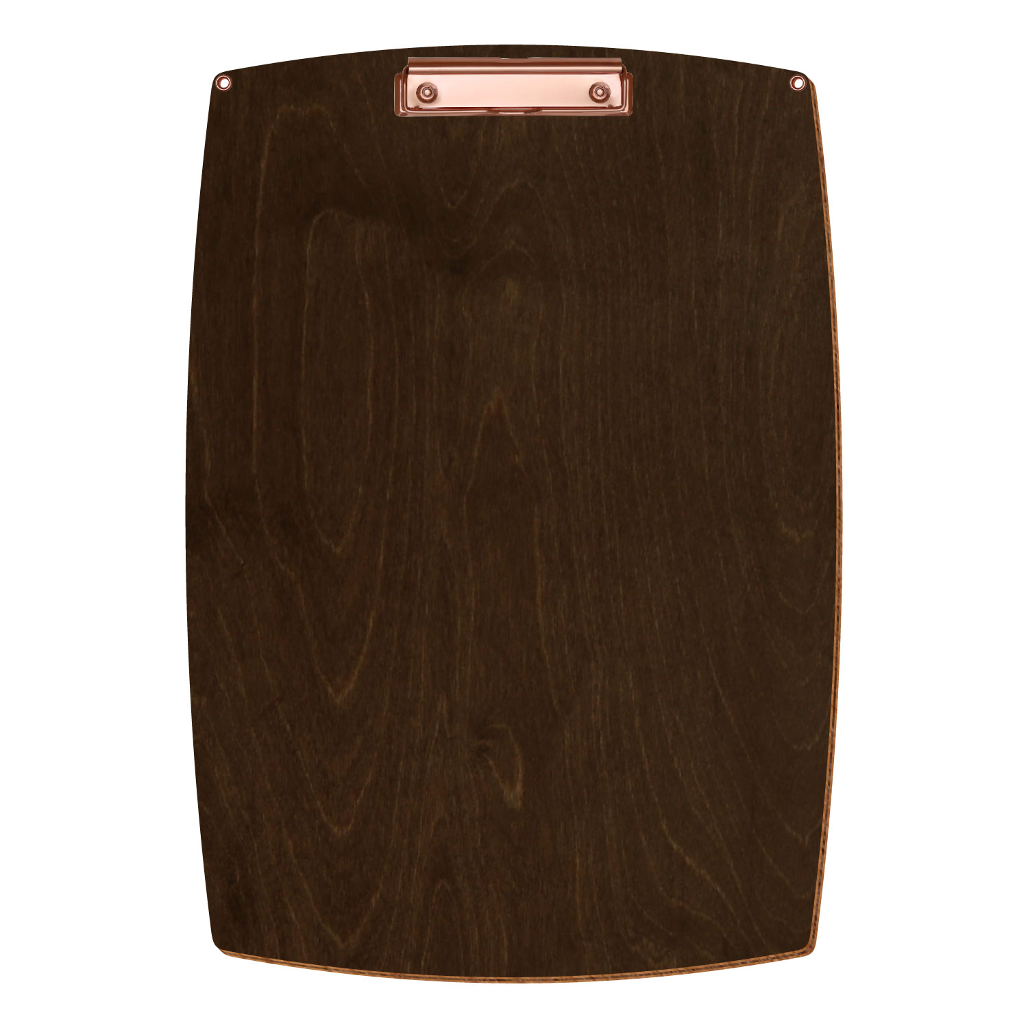 Bütic Holz-Klemmbrett konvex in der Farbe Walnuss mit Aufhängeösen in A3 hochkant mit roségoldener Bügelklemme