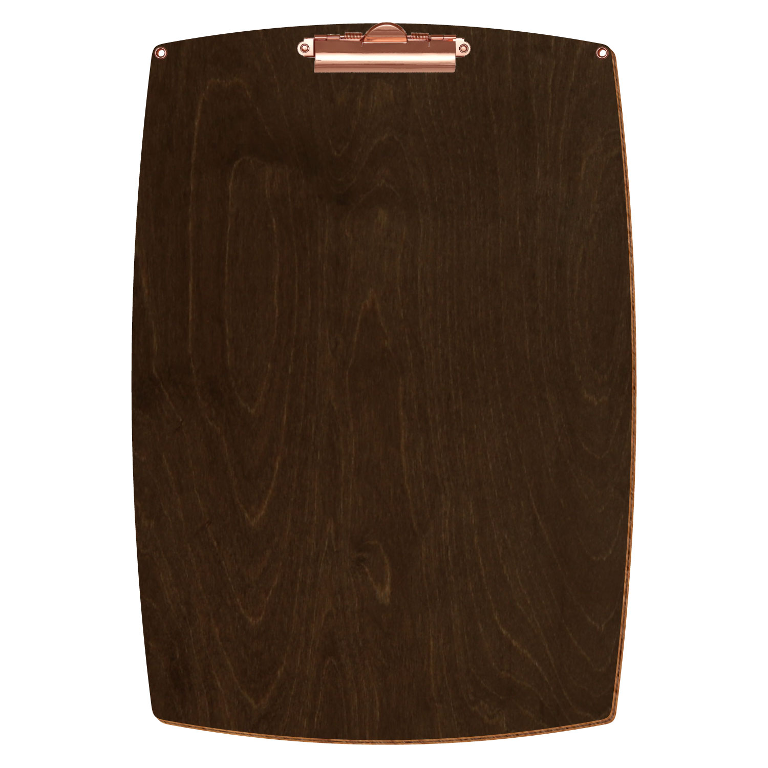 Bütic Holz-Klemmbrett konvex in der Farbe Walnuss mit Aufhängeösen in A3 hochkant mit roségoldener Zahnklemme