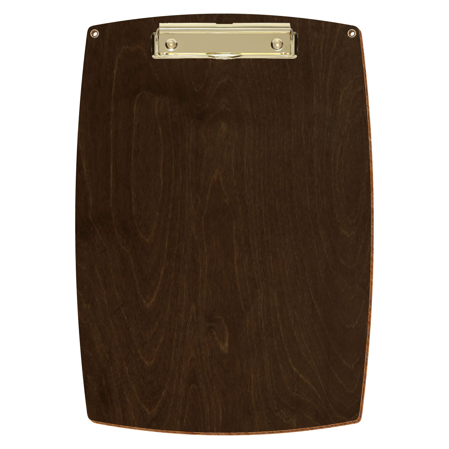 Bütic Holz-Klemmbrett konvex in der Farbe Walnuss mit Aufhängeösen in A4 hochkant mit goldener Bügelklemme
