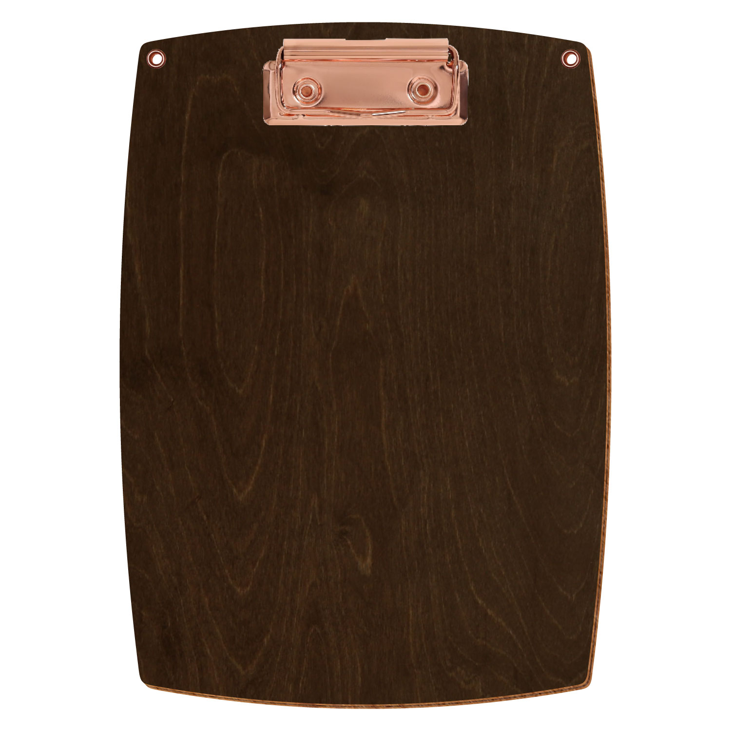 Bütic Holz-Klemmbrett konvex in der Farbe Walnuss mit Aufhängeösen in A5 hochkant mit roségoldener Bügelklemme