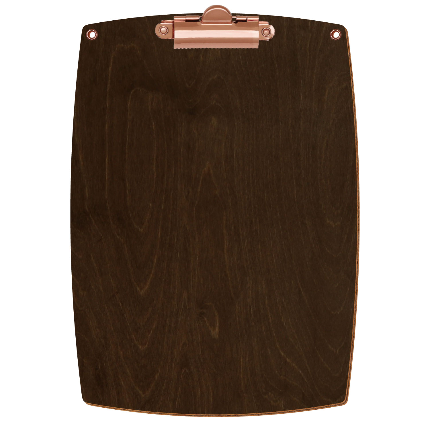 Bütic Holz-Klemmbrett konvex in der Farbe Walnuss mit Aufhängeösen in A5 hochkant mit roségoldener Zahnklemme
