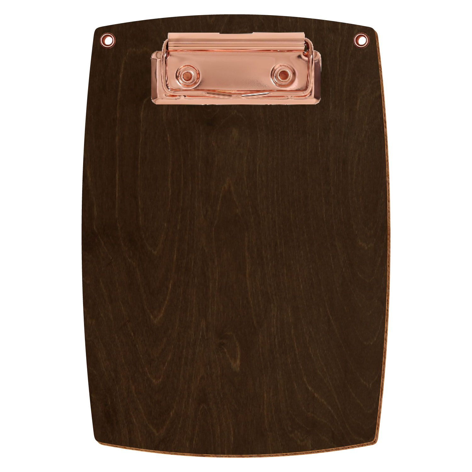 Bütic Holz-Klemmbrett konvex in der Farbe Walnuss mit Aufhängeösen in A6 hochkant mit roségoldener Bügelklemme