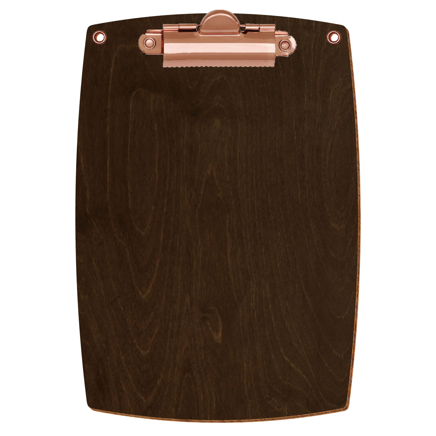 Bütic Holz-Klemmbrett konvex in der Farbe Walnuss mit Aufhängeösen in A6 hochkant mit roségoldener Zahnklemme