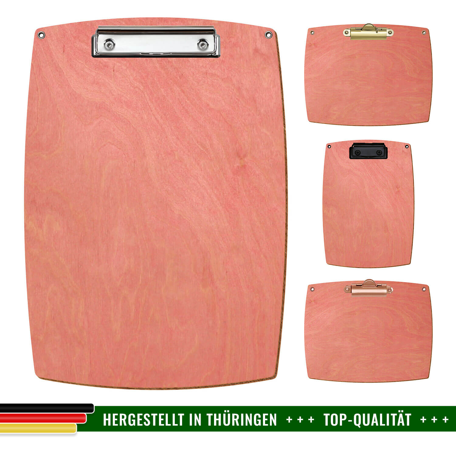 Bütic Holz-Klemmbrett konvex Rosa mit Aufhängeösen in 4 verschiedenen Ausführungen mit Hinweis Hergestellt in Thüringen
